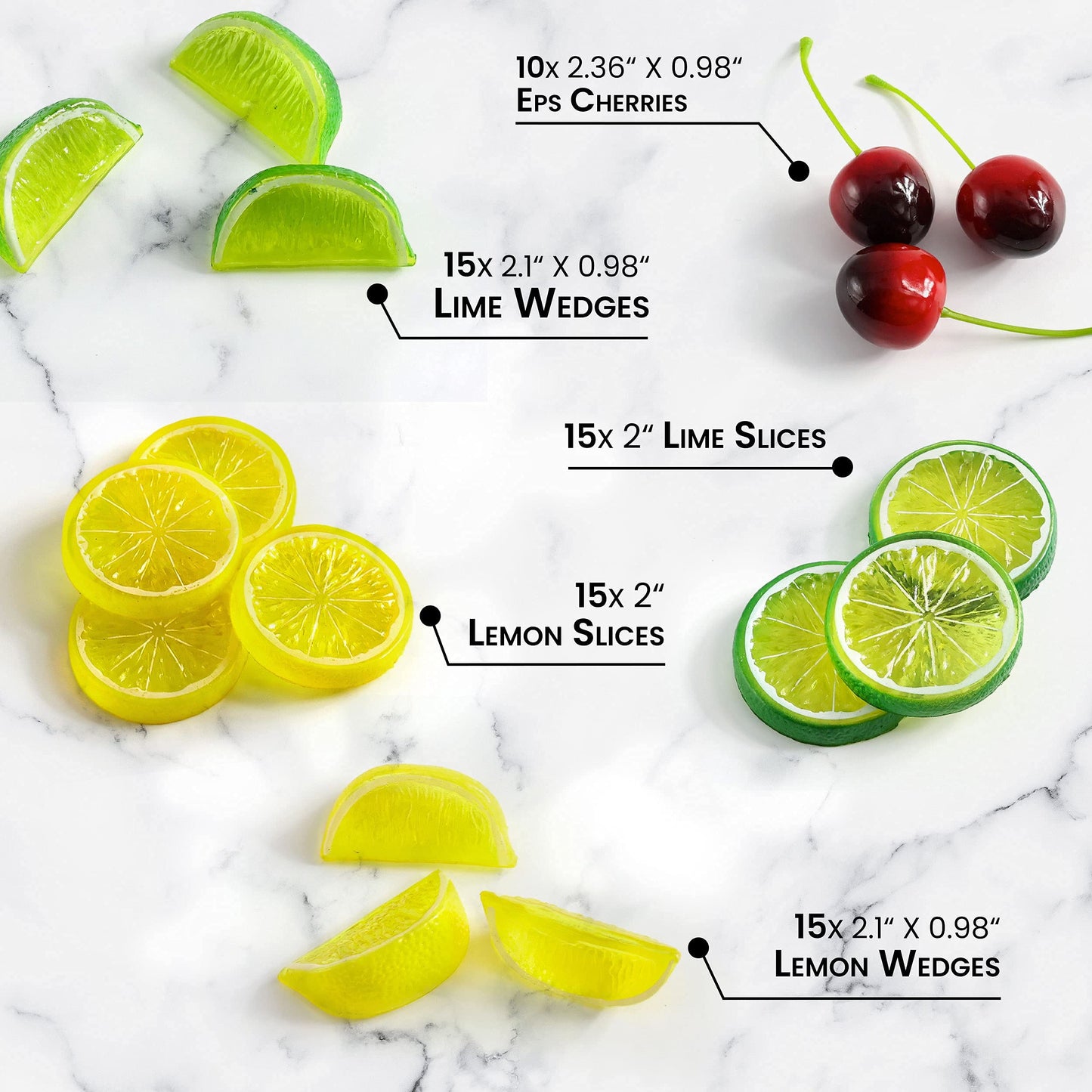 40Pcs Artificial Lifelike Cherries Lemon Lime Slices and Wedges. Decorative Lemon Slices and Blocks Red Black Cherries Fake Fruit for Home House Kitchen Party Wedding Décor Desk Ornament DIY Craft