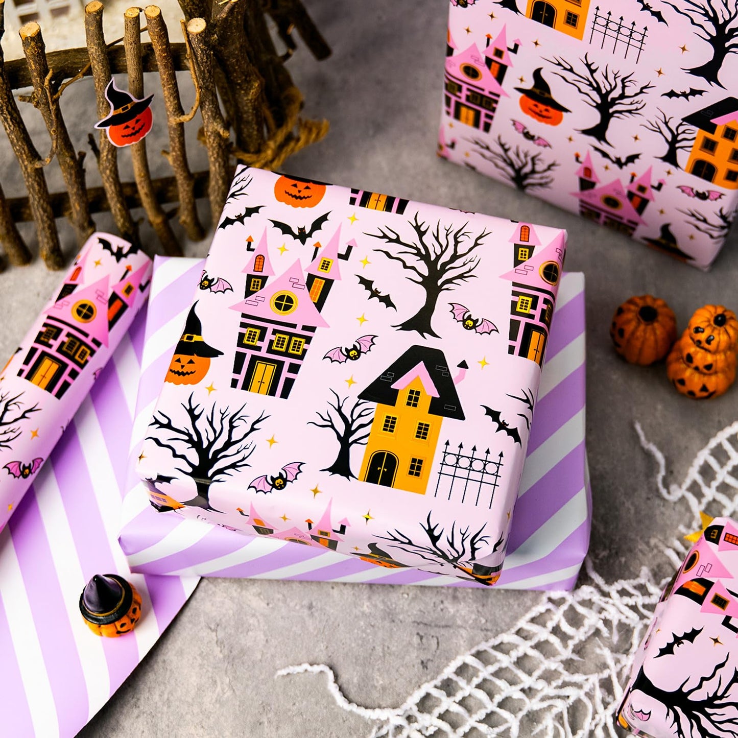 MAYPLUSS Halloween Wrapping Paper Roll, Vintage Haunted Mansion Wrapping Paper, Pink Haunted House, Pumpkin & Bat Design Halloween Day Gift Wrap for October,Holiday,Christmas Nightmare (17In X 33Ft)