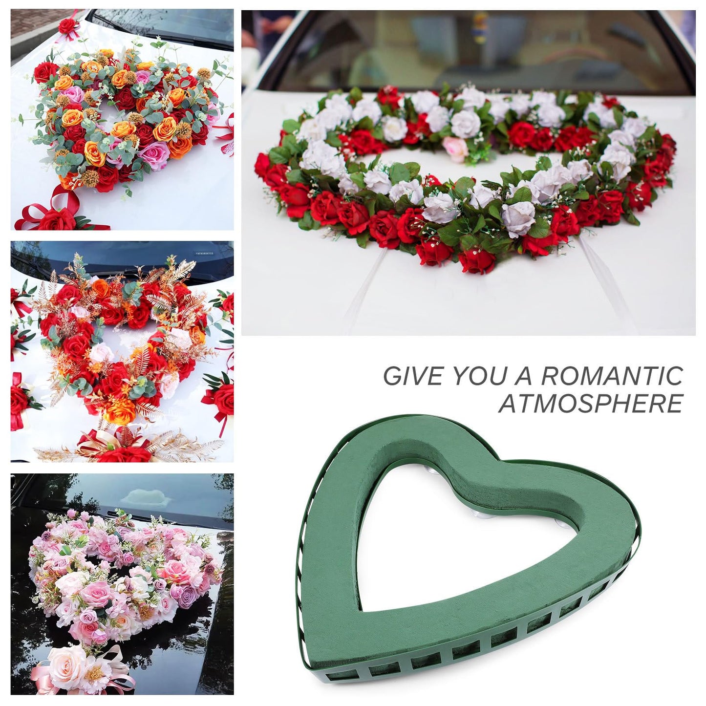 TEHAUX Heart-Shaped Floral Holder with Suction Cup 15.74X15.35X1.77In Flower Rack for Wedding Car Decoration Floral Arrangement Accessory for Special Events
