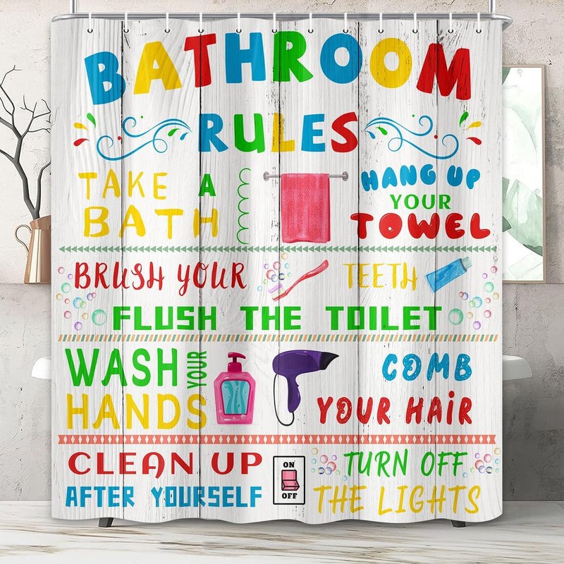 4 Pcs Kids Shower Curtain Sets, Funny Teen Boy Girl Bathroom Sets with Non-Slip Rugs and Accessories, Cute Colorful Bathroom Rules Fabric Toilet Lid Cover and Bath Mat, Shower Curtain with 12 Hooks.