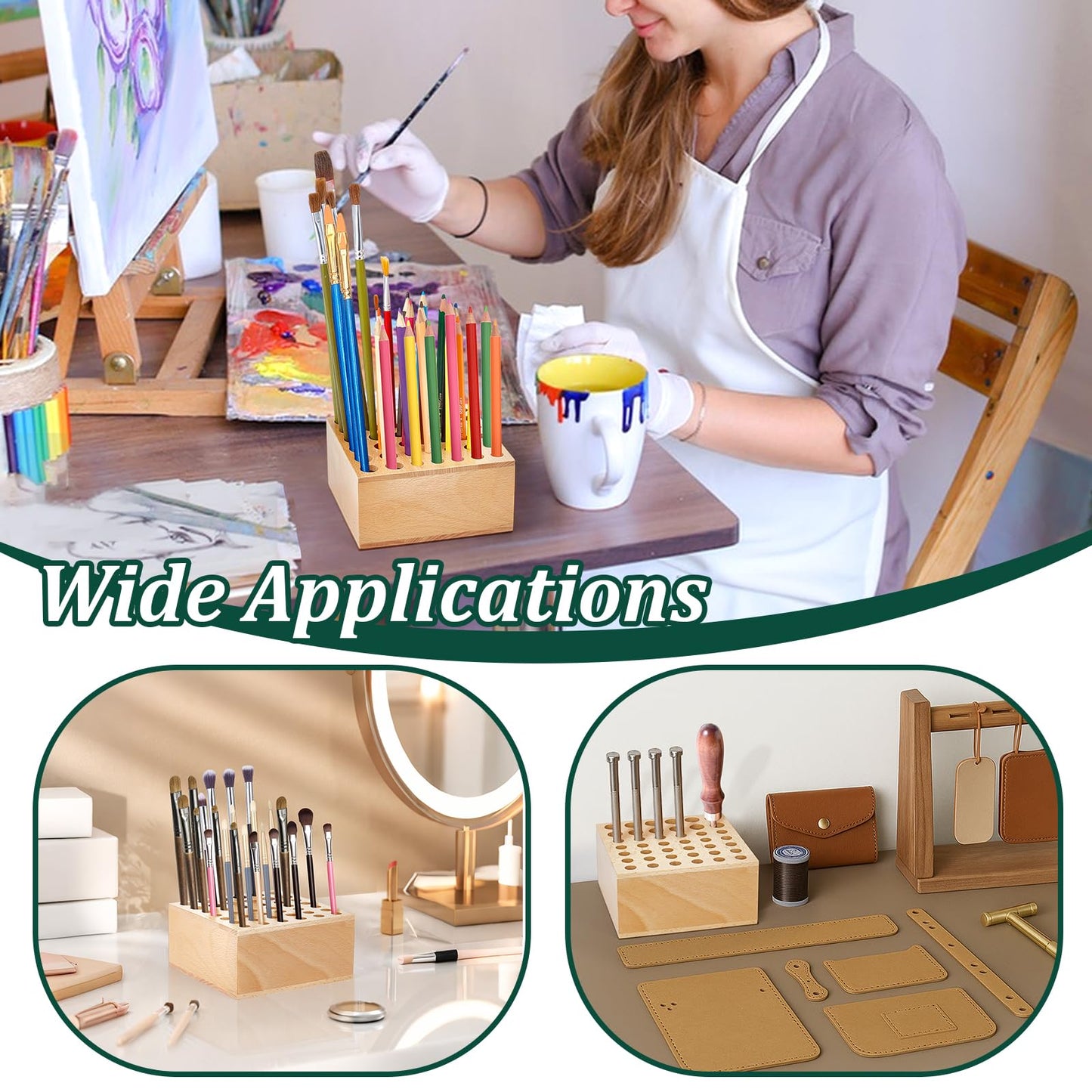 twinklemon Beechwood Paint Brush Holder 42 Holes Paint Brush Storage Organizer Paintbrush Holder Organizer Wooden Block Pencil Holder for Makeup Brushes Pens and Art Tools