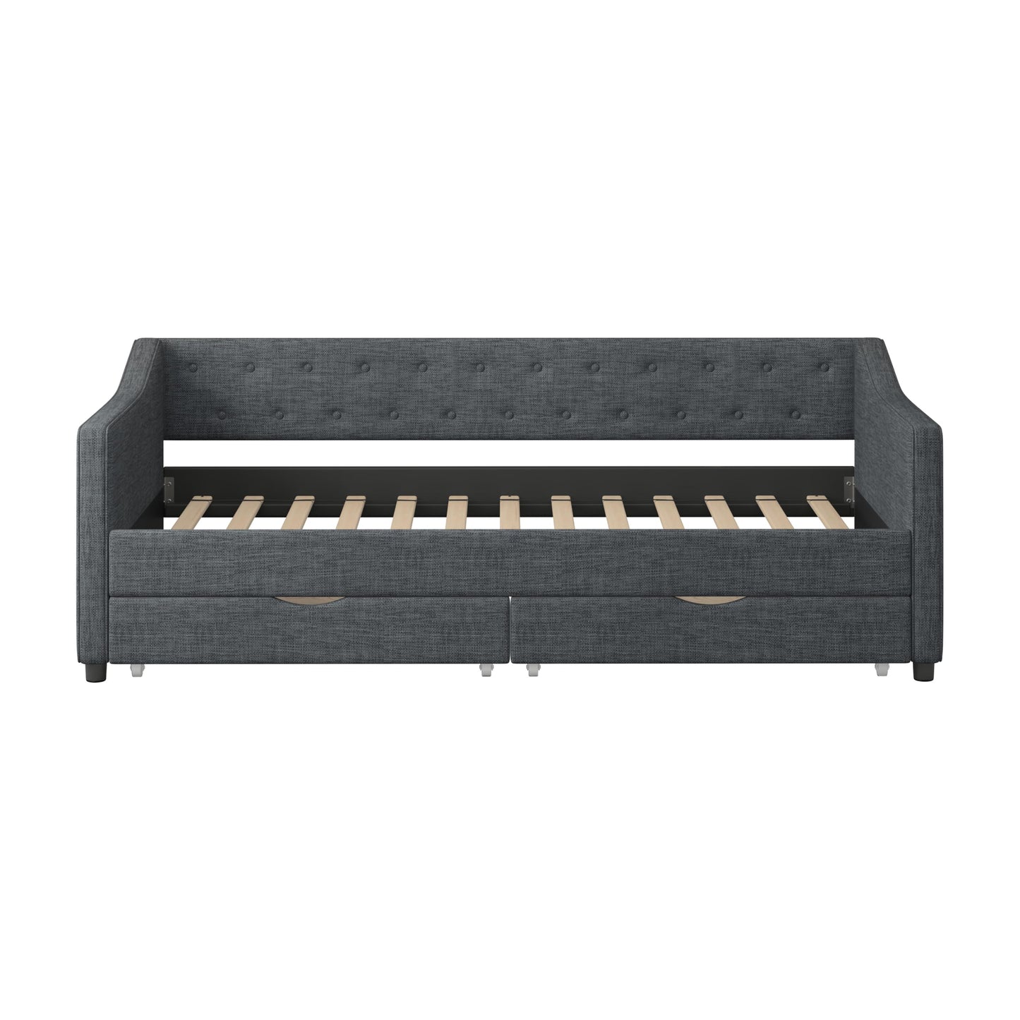Ball & Cast Twin Size Daybed with Storage Drawers,Linen Upholstered Day Bed Frame with Button Tufted Back and Waved Shape Arms for Bedroom,Guest Room,No Box Spring Needed,Dark Grey