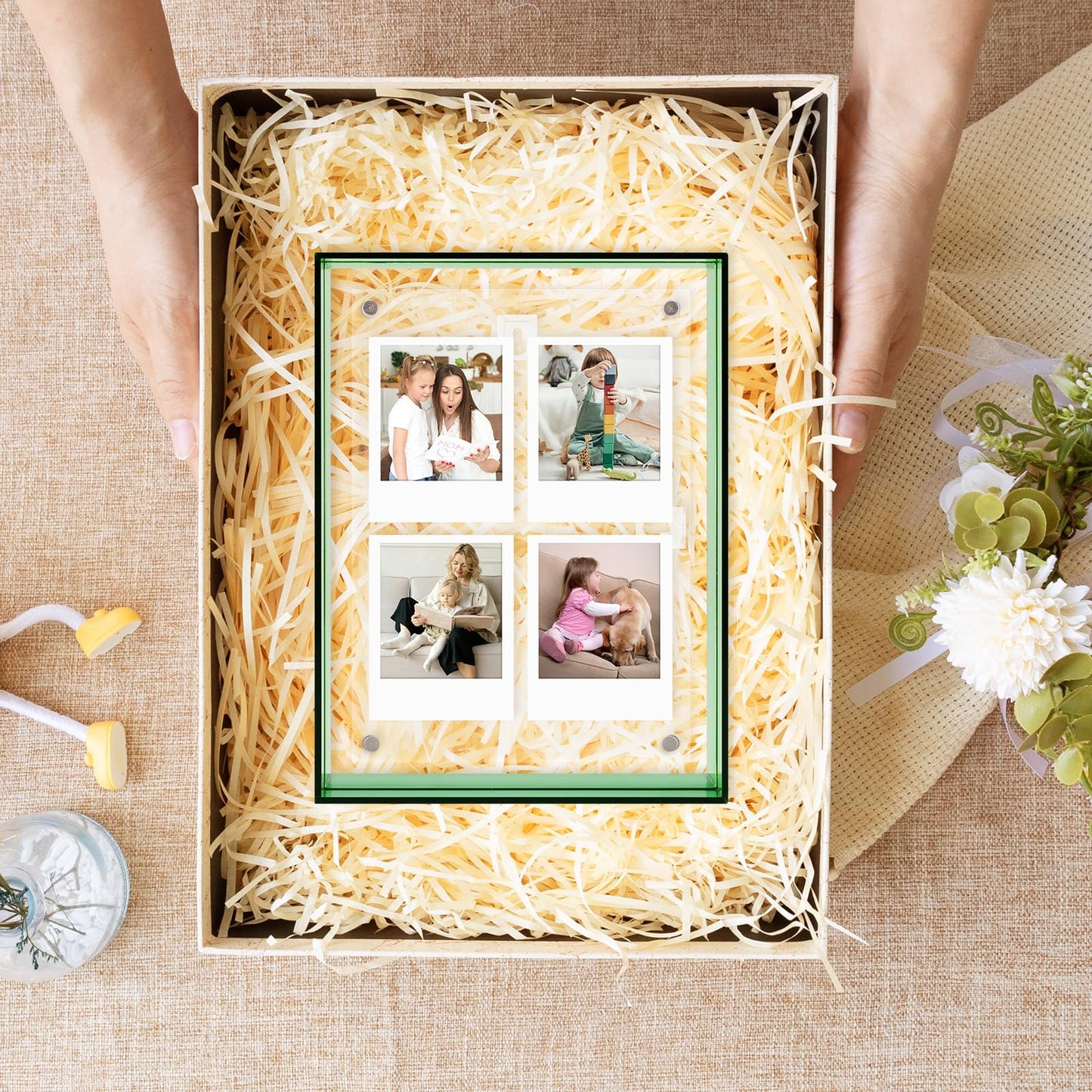 5x7 Acrylic Picture Frame Green - Clear Floating Photo Frames for 5 x 7 Inches Art Print - Individual for Tabletop Display - With Hangers for Wall Mount Horizontal or Vertical - 1 Pack