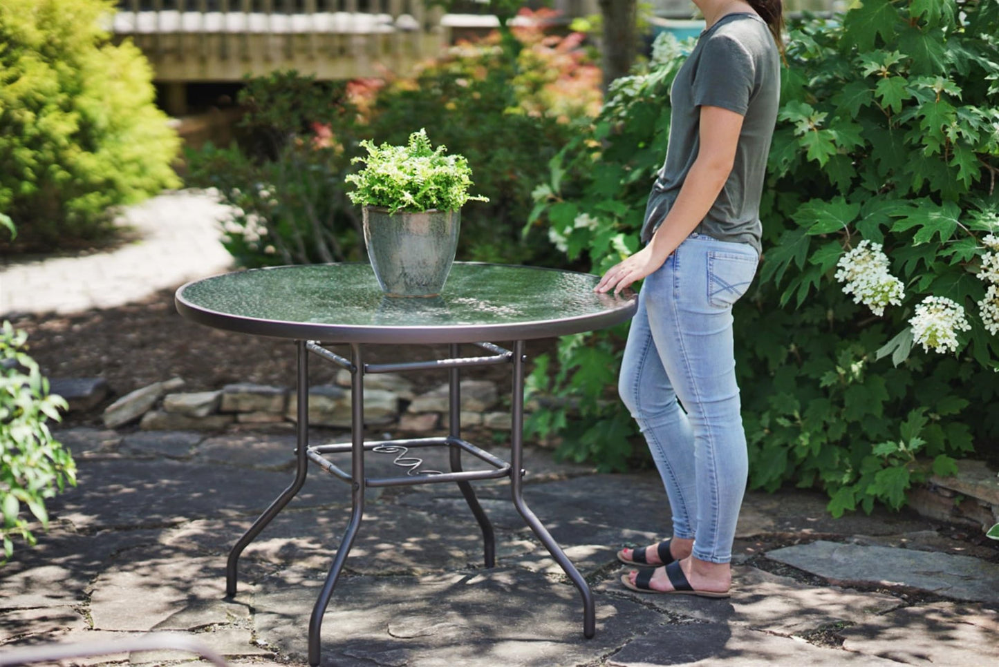 Garden Elements Outdoor Patio Furniture, Round Dining Table, Steel Base and Rim with Water-Wave Glass Top, Brown, 40"