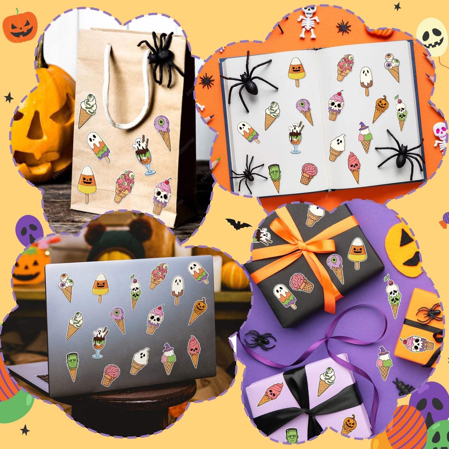 5wsech Spooky Ice Cream Roll Stickers for Kids- 1000Pcs Hawaii Fantasy Skull Vinyl Decals, Cute Halloween in Summer Ghost Decorative Stickers for Students Rewards Party Birthday Gifts Laptop Guitar