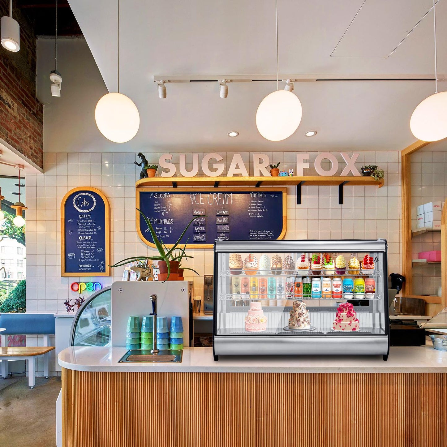 6.5 Cu.ft Commercial Countertop Refrigerators Display Case, Stainless Steel Beverage Refrigerator with LED Lighting, Auto Defrost, Adjustable Shelves, Rear Sliding Door for Cafe, Restaurant, Bakery