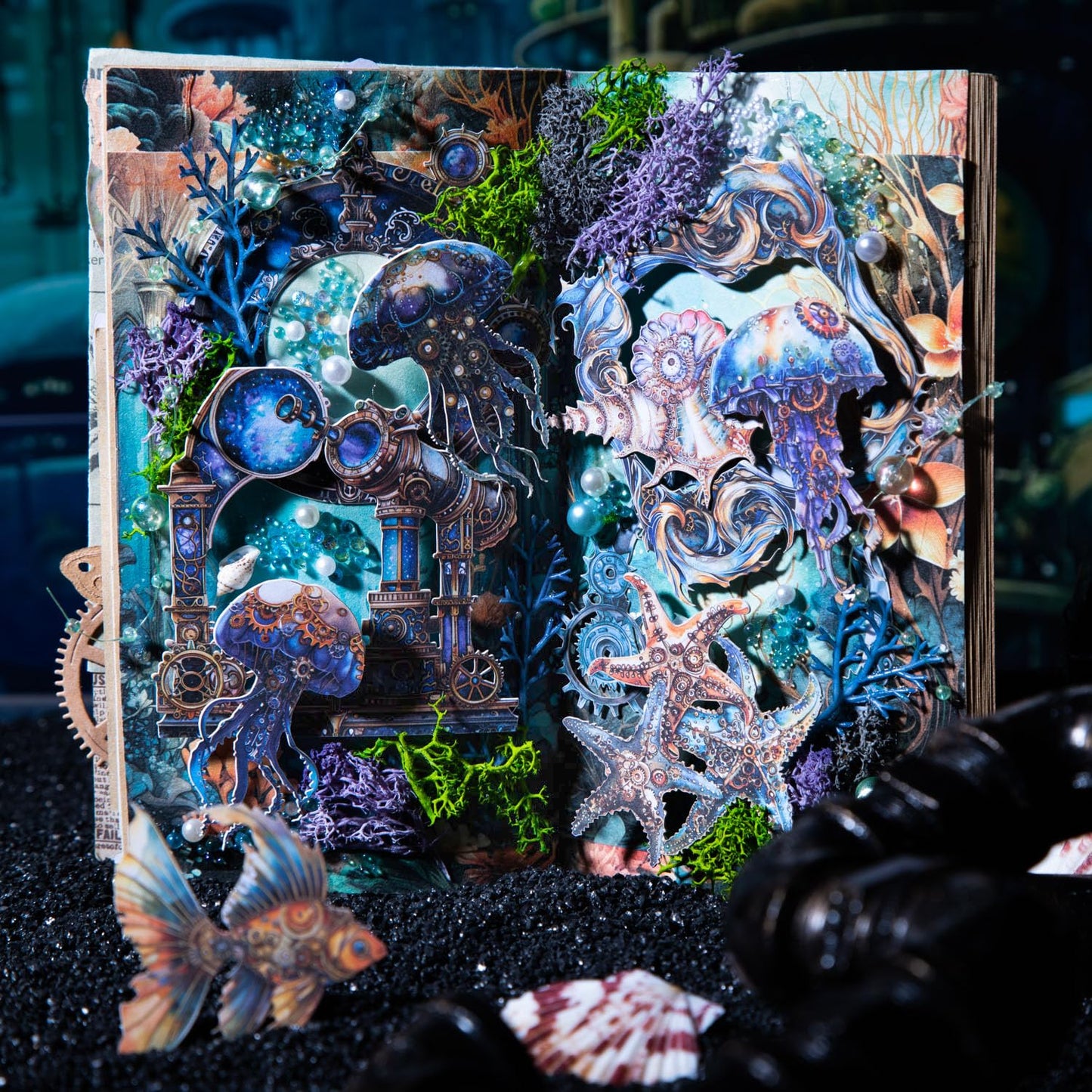 60-Piece Steampunk Ocean Scrapbook Stickers - Self Adhesive Hard Cardstock Victorian Stickers with Nautical Frames, Jellyfish, Seahorses, Fish, Mechanical Elements