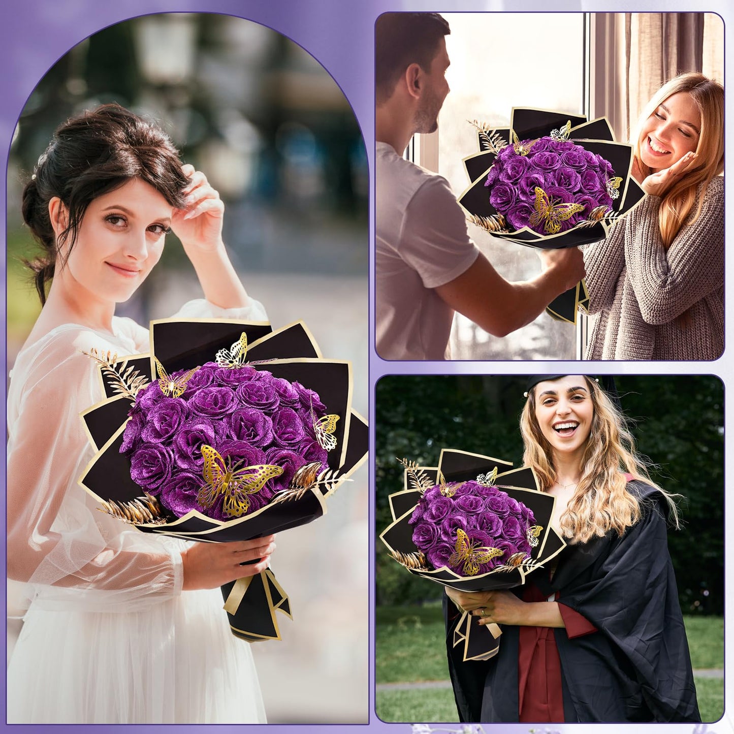 Tobilu Glitter Roses Bouquet - DIY Artificial Flower Bouquet Kit with Fake Rose Butterfly Stems Cards for Gifts Mother's Day Valentine's Day Anniversary Birthday, 24 Roses, Purple