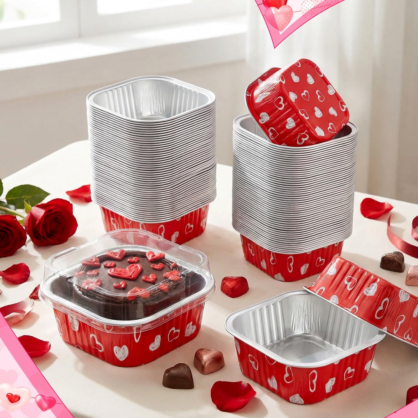 Jingmore 100 Pcs Heart Square Baking Pans with Lids 10oz Aluminum Foil Disposable Cupcake Cake Pans Baking Cups Individual Tin Dessert Containers for Wedding Birthday Party(Heart,Red)