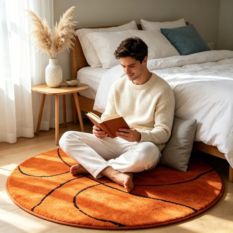 Fancytan Round Basketball Rug for Boys Bedroom, Washable Sports Round Rug for Kids Room, Basketball Room Decor, Orange (2'8", Round)