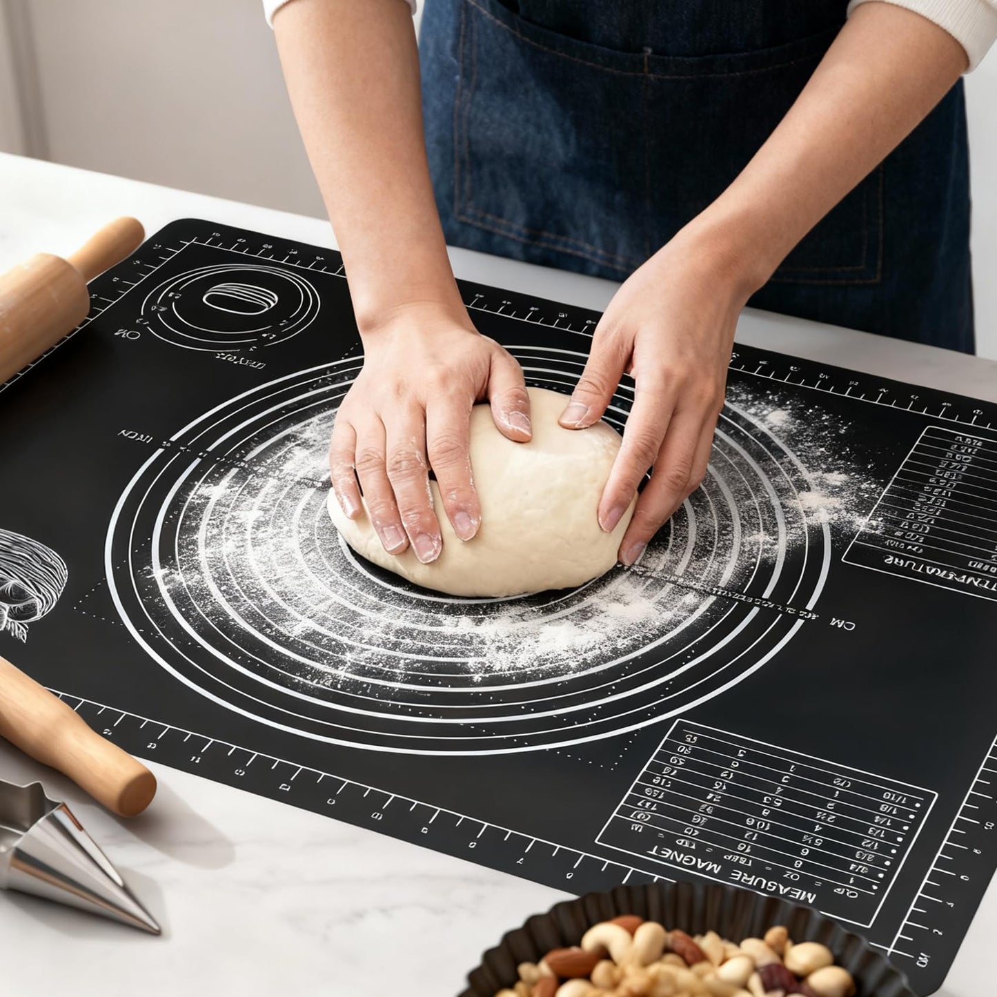 Nauvora Extra Large Baking Mat - 26" Silicone Pastry Mat, Reusable Non-Stick Dough Mat with Measurement for Fondant, Rolling Dough, Pie Crust, Pizza and Cookies, Black