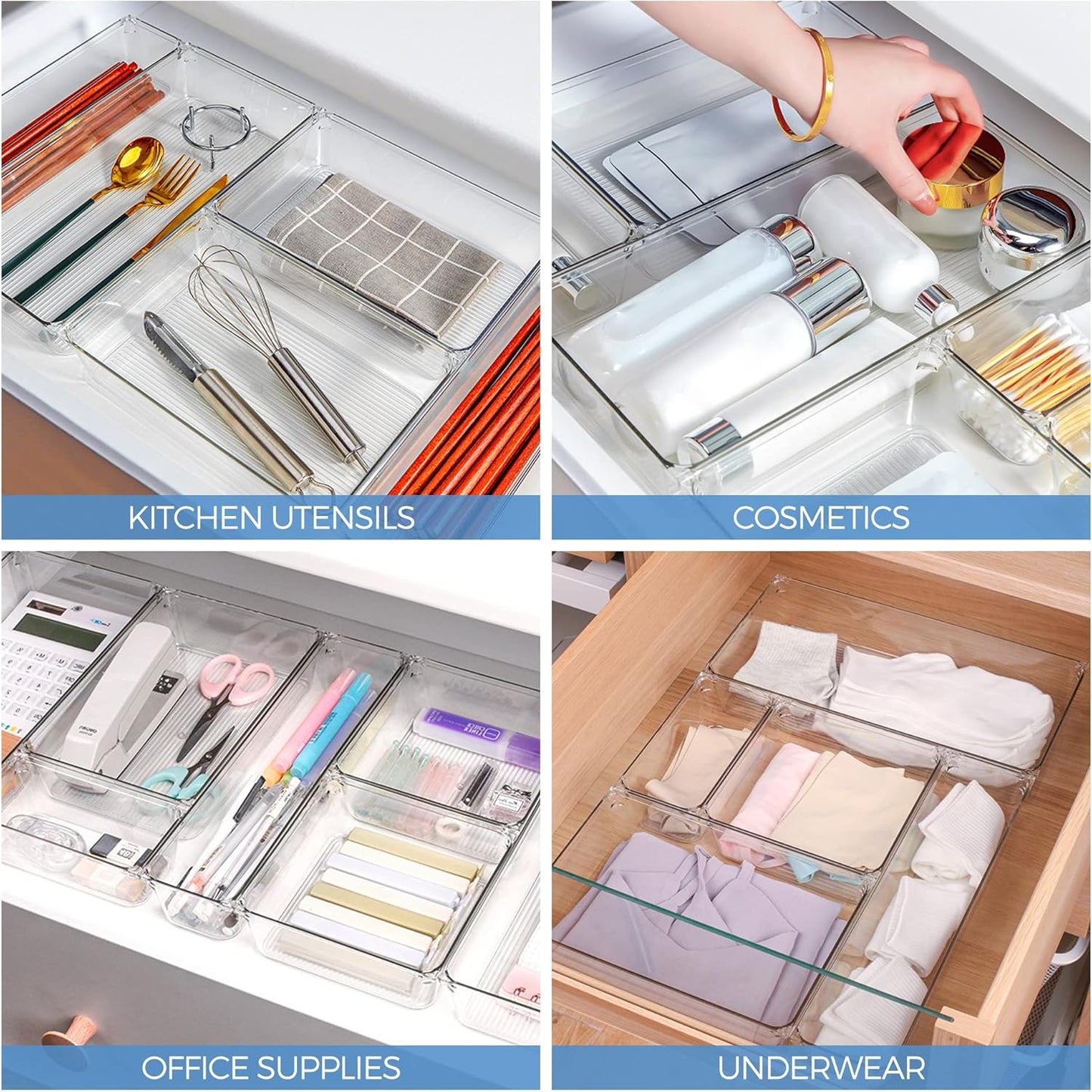 Ravinte 28 PCS Drawer Organizer Plastic Storage Bins, 4-Size Kitchen Drawer Organizer with Non-Slip Pads for Makeup,
