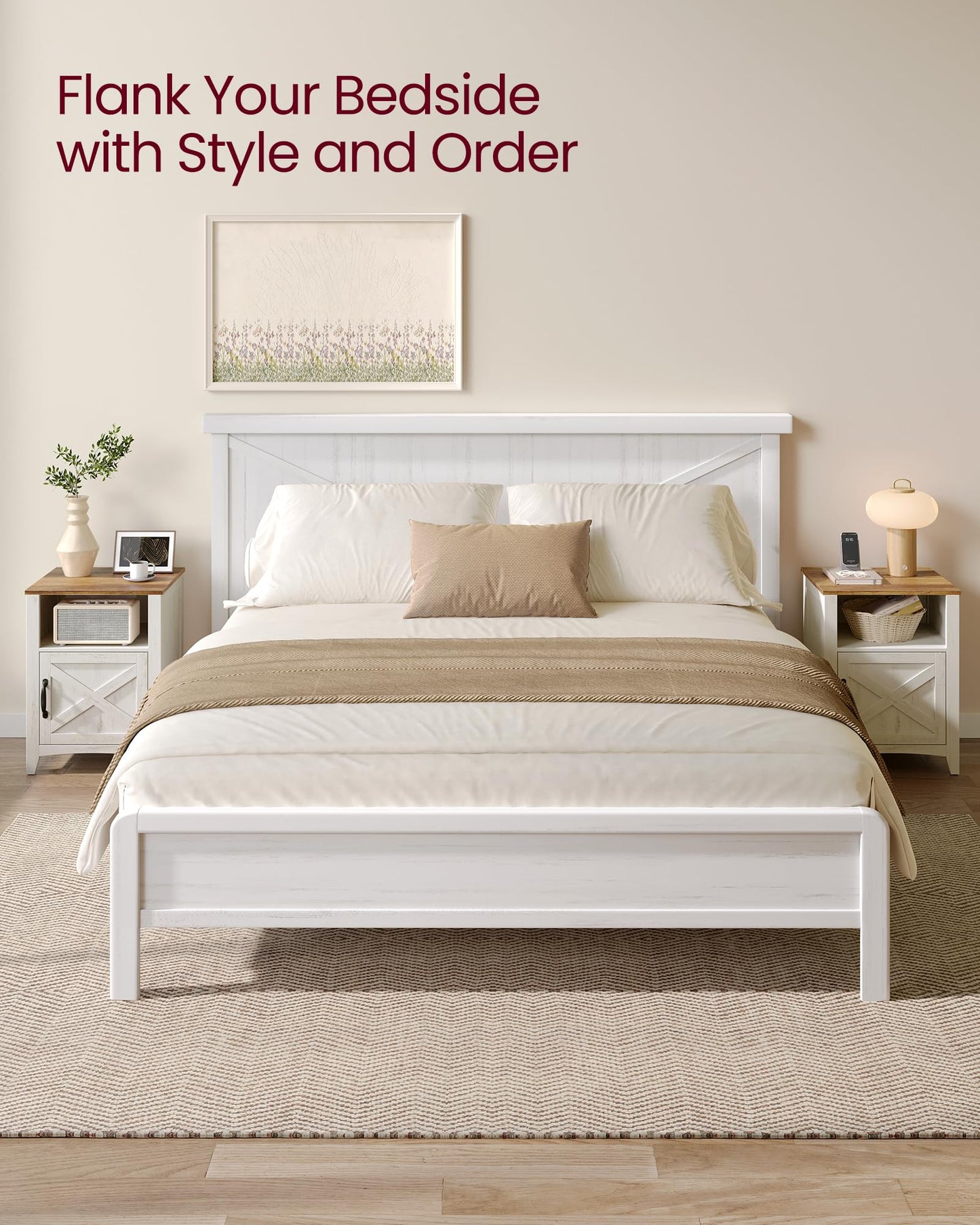 VASAGLE LIRY Collection - Farmhouse Nightstand with Barn Door, Bedside Table with Storage, Side End Table, Night Stand, Open Compartment, for Bedroom, Rustic White and Honey Brown ULET609K41