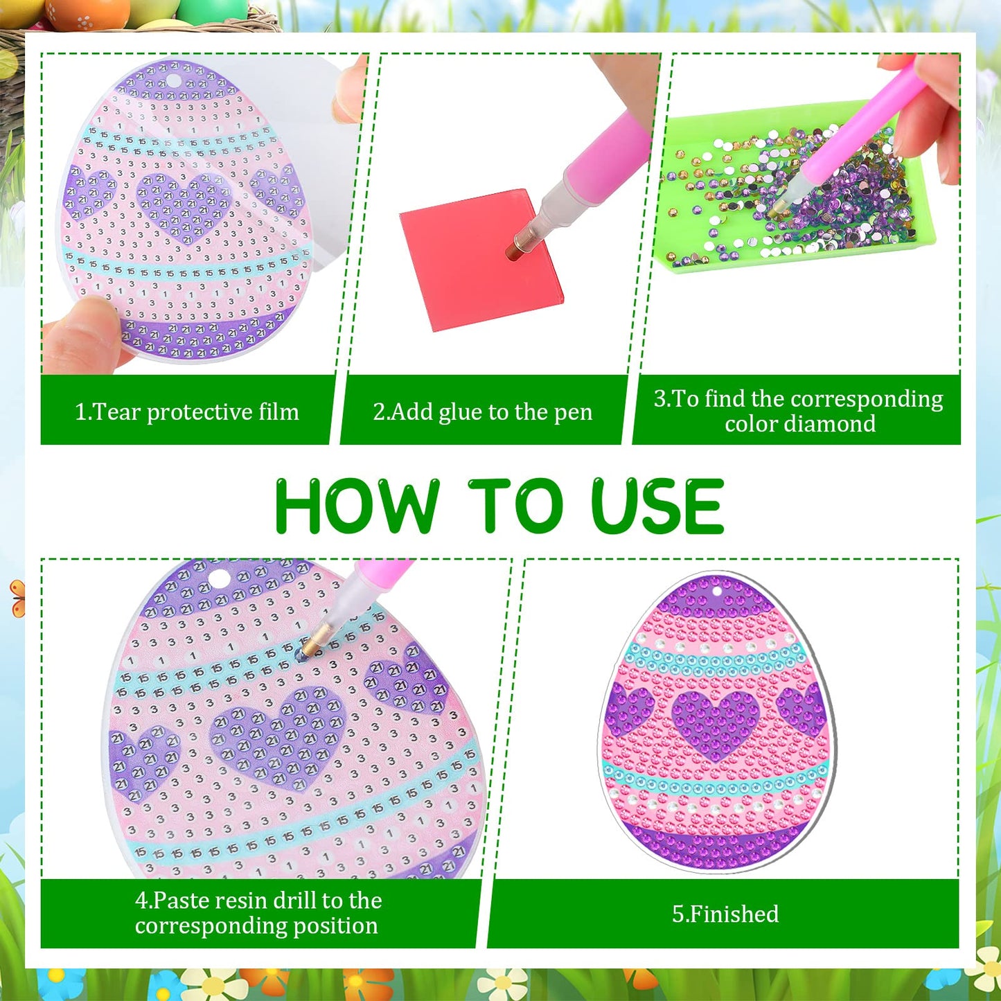 Frienda 24 Pcs Easter Diamond Painting Kits Easter DIY 5d Diamond Painting Keychains by Numbers Arts and Crafts for Adult Decorative Bunny Egg Ornament Decoration