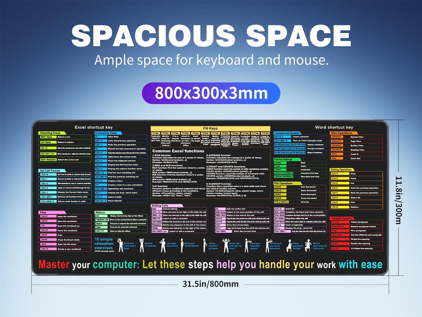 Waterproof Desk mat—Excel Cheat Sheet Desk pad—Contains 12 Types of Common Skills in Excel and Word—Large XL Gaming Mouse pad|Office Keyboard pad|Computer mat with excel Shortcuts