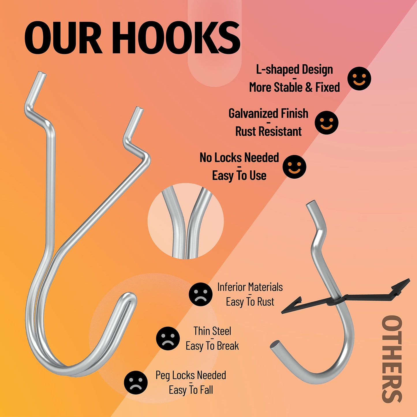 HUHOLE Pegboard Hooks, J-Hook, 1 Inch Silver Pegs 40 Pack, Ideal Display Hooks for Hanging Jewelry, Necklaces, Keys, Small Tools, Will Not Fall Out, Fit 1/8”, 3/16” Peg Boards