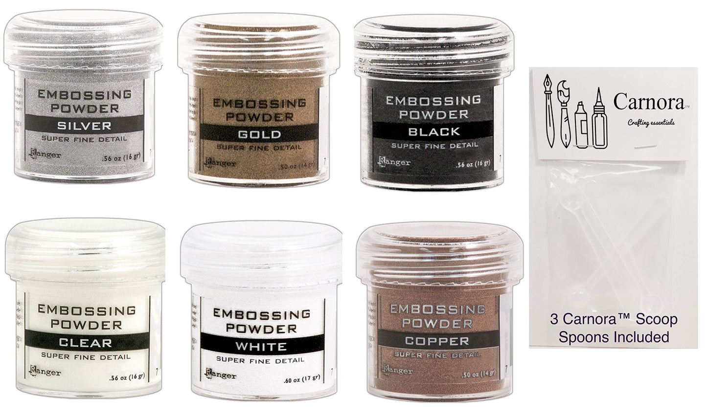 Ranger Fine Super Embossing Powder, White, Silver, Black, Copper, Clear and Gold, Bundle of 6 1/2 Ounce Jars Plus 3 Carnora Scoop Spoons