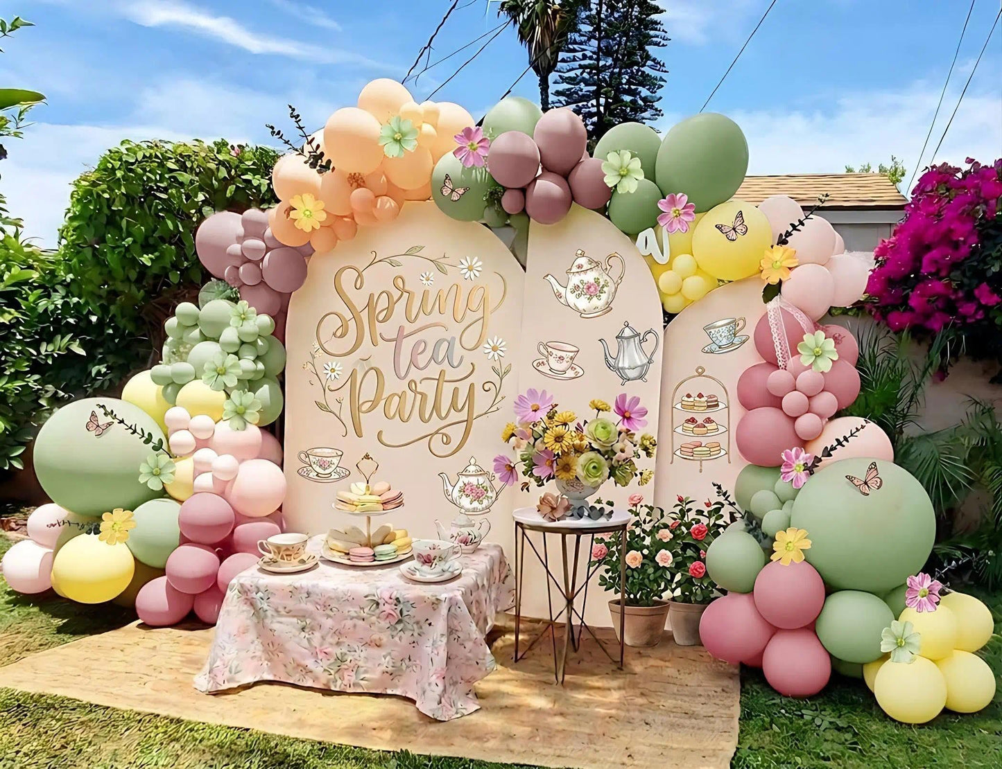 Pastel Pink Yellow Green Balloon Arch with Artificial Flower Double Stuffed Dusty Green Pink Peach Mauve Balloon Garland Kit for Tea Party Wildflower Spring Birthday Baby Shower Fairy Party Decor