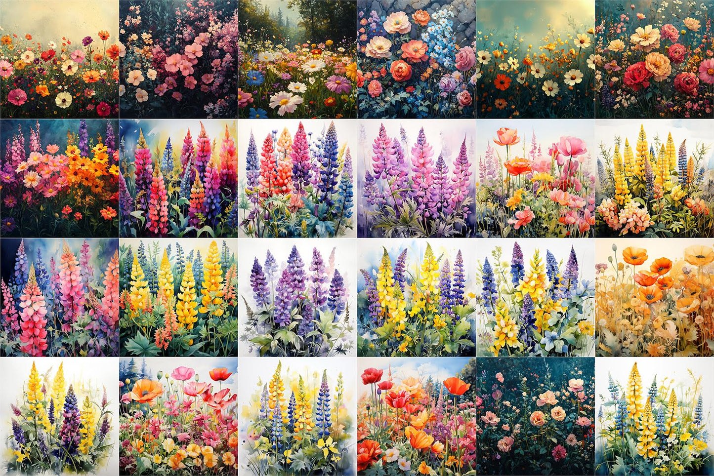 FLONZ Scrapbook Paper (24 sheets 6"x6") Wildflower Garden Symphony ~ A radiant collection of digitally painted wild blooms in expressive painterly style with glowing light soft textured brushwork