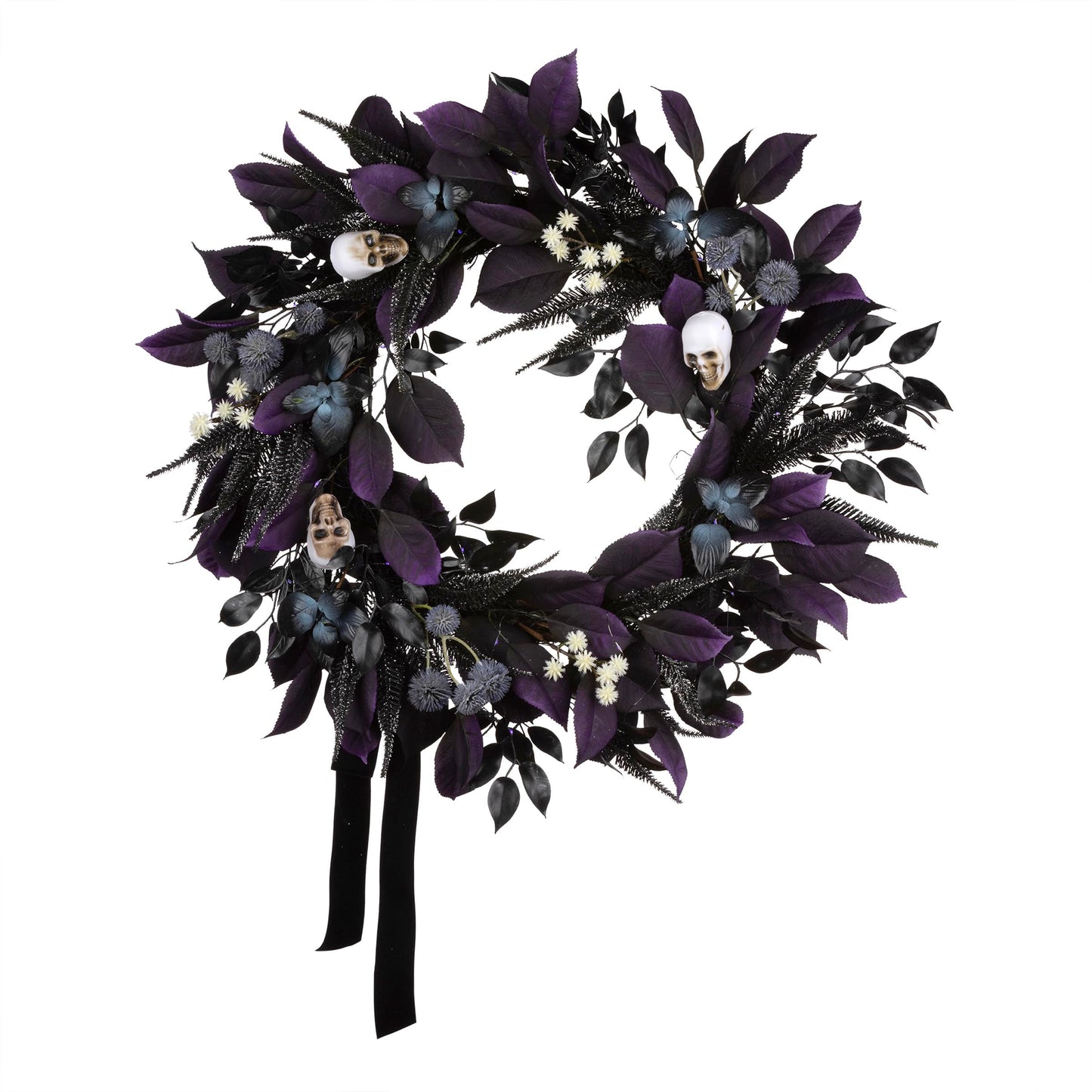National Tree Company, 26inch Artificial Floral Mini Skull Wreath, 30 Purple LED Lights,
