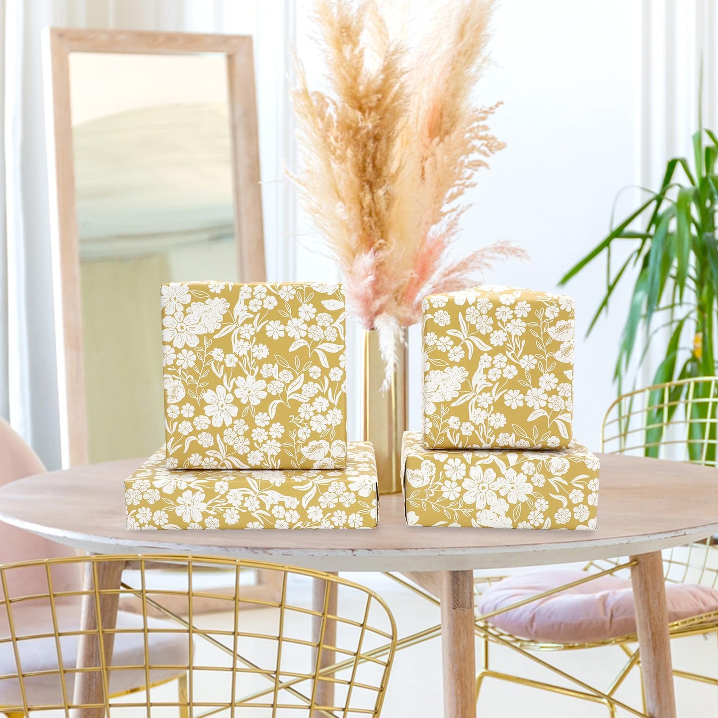 JarThenaAMCS Floral Wrapping Paper - Mini Roll - 17 In x 32.8 Ft Spring Yellow Flower Botanical Gift Wrap Paper for DIY Art Crafts Wedding Birthday Holiday Party Supplies