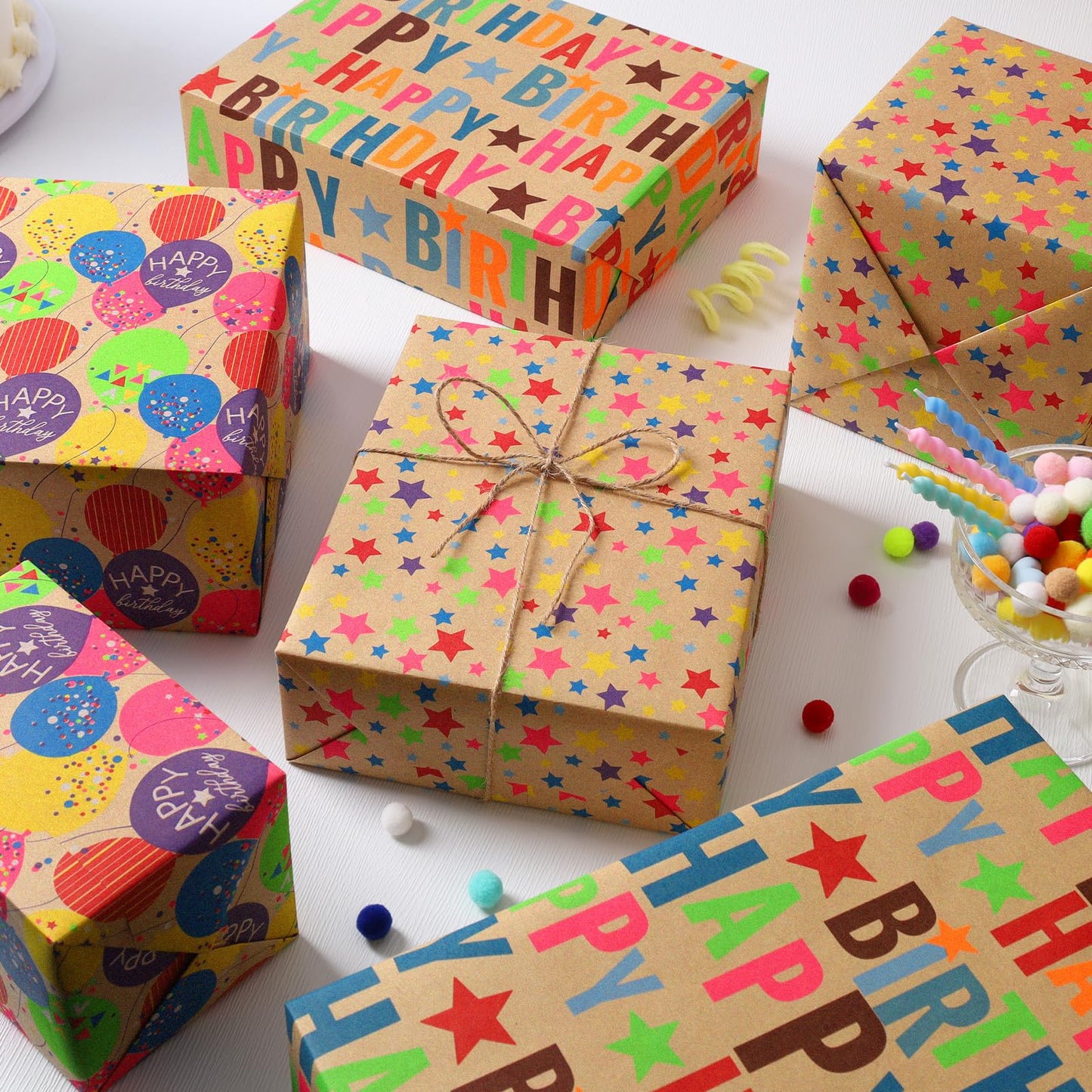 BIOBROWN Kraft Birthday Wrapping Paper, Colorful Gift Wrap with Text Happy Birthday Balloon Stripes Design for Kids, 17 inch X 120 inch Per Roll