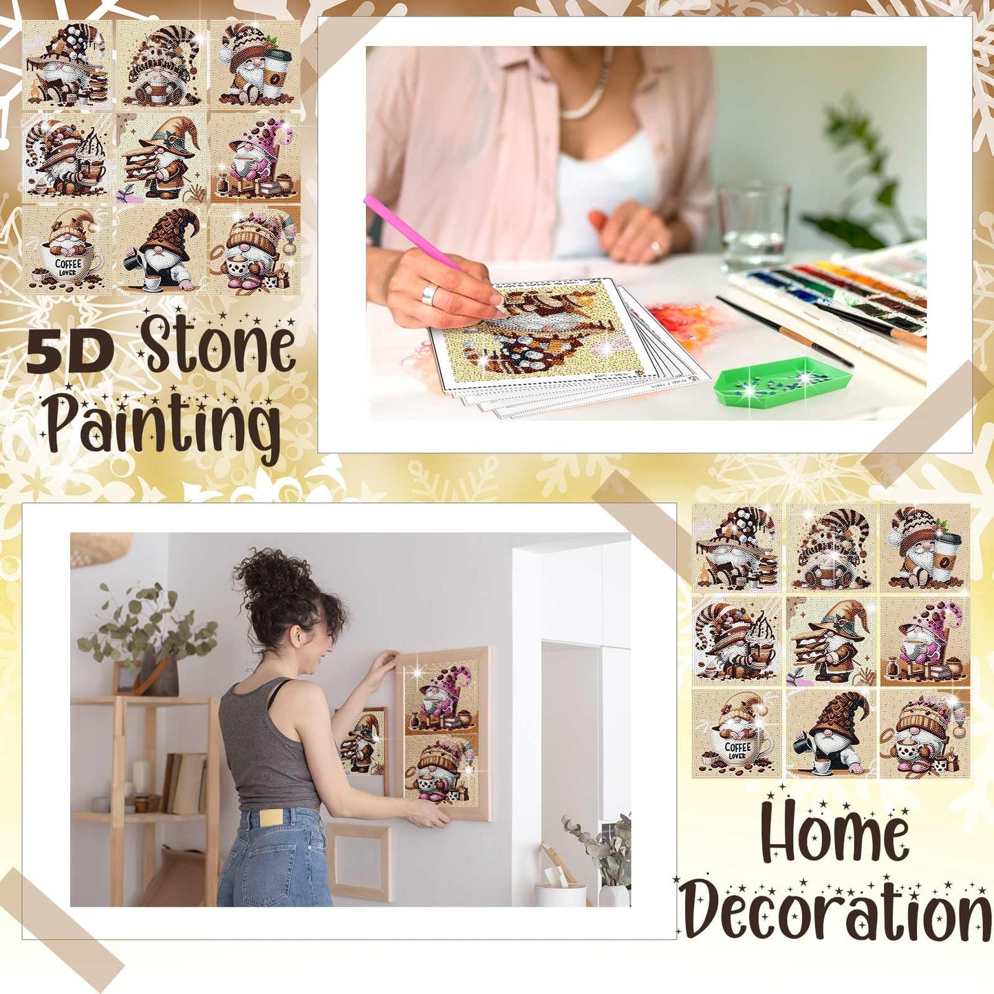 TecUnite 9 Pcs Coffee Gnomes Diamond Painting Art Diamond Painting Kit for Beginners DIY Rhinestone Gem Crafts for Christmas Home Wall Decor 6 x 6 Inch