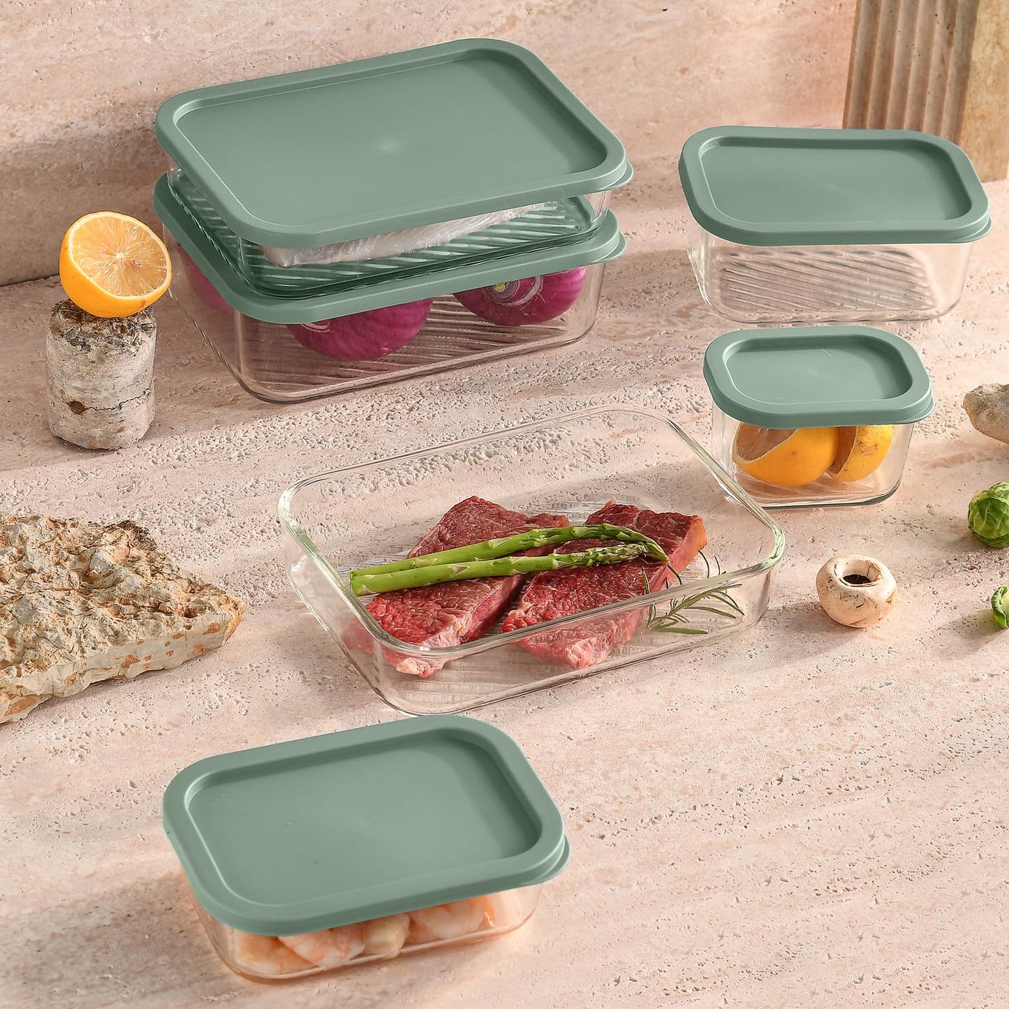 EATEX 6 Pack Glass Meal Prep Containers with Grooved Base, 6 Stackable BPA Free Glass Storage Containers with Lids for Lunch, Pantry, and Kitchen - Microwave, Dishwasher Freezer & Oven Safe - Sage