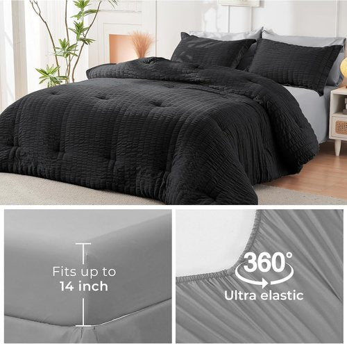 HYMOKEGE California King Comforter Set - 7-Piece All-Season Luxury Bedding in Black & Light Grey