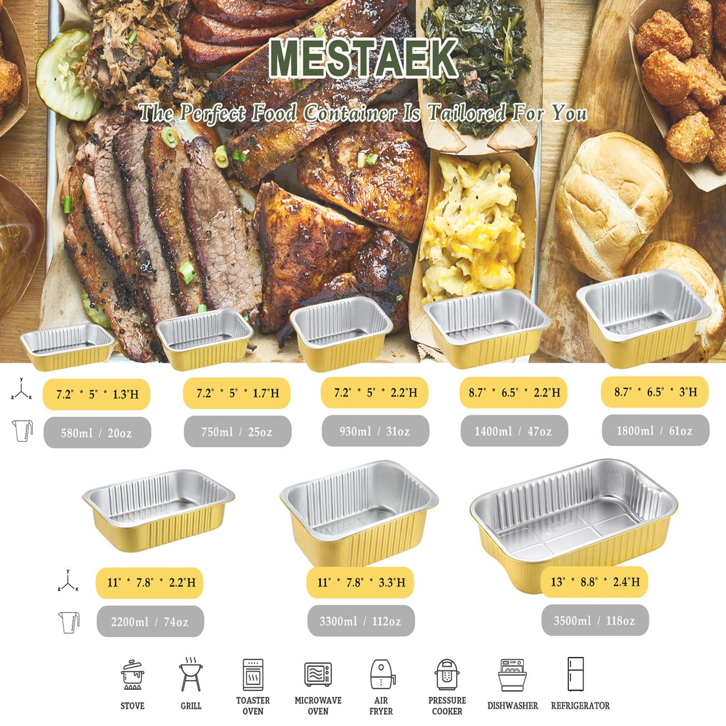 MESTAEK 8.5" x 6.5" Heavy-Duty Aluminum Foil Pans with Lids, 47oz, 5 Pack – Extra-Thick Disposable Foil Containers for Oven, Baking, Freezer & Food Storage