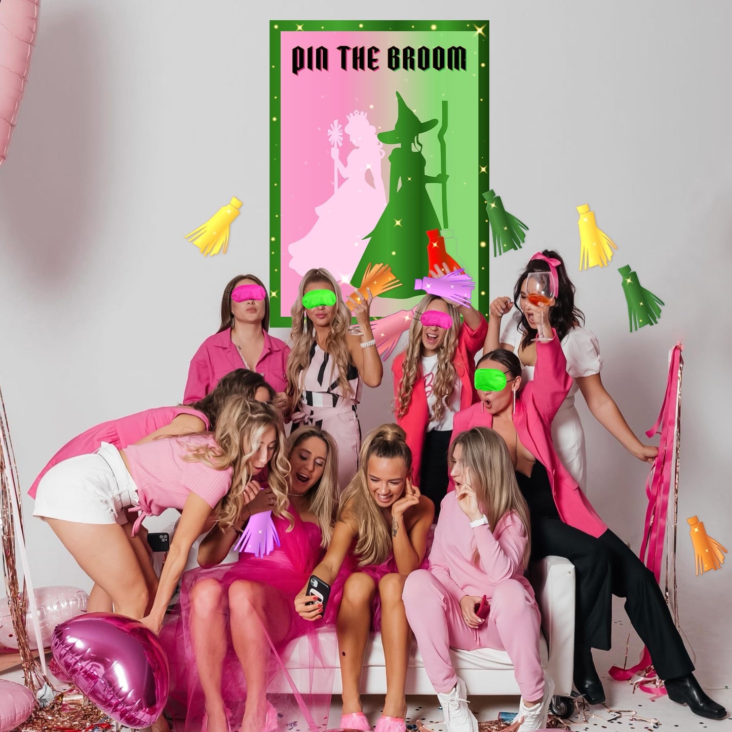 AFZMON Witch Party Decorations Pin The Broom Birthday Party Games Decorations, Pink and Green Poster with 24 Reusable Broom Stickers for Witch Party Wall Decorations Supplies- 19.5Inch x27.5Inch