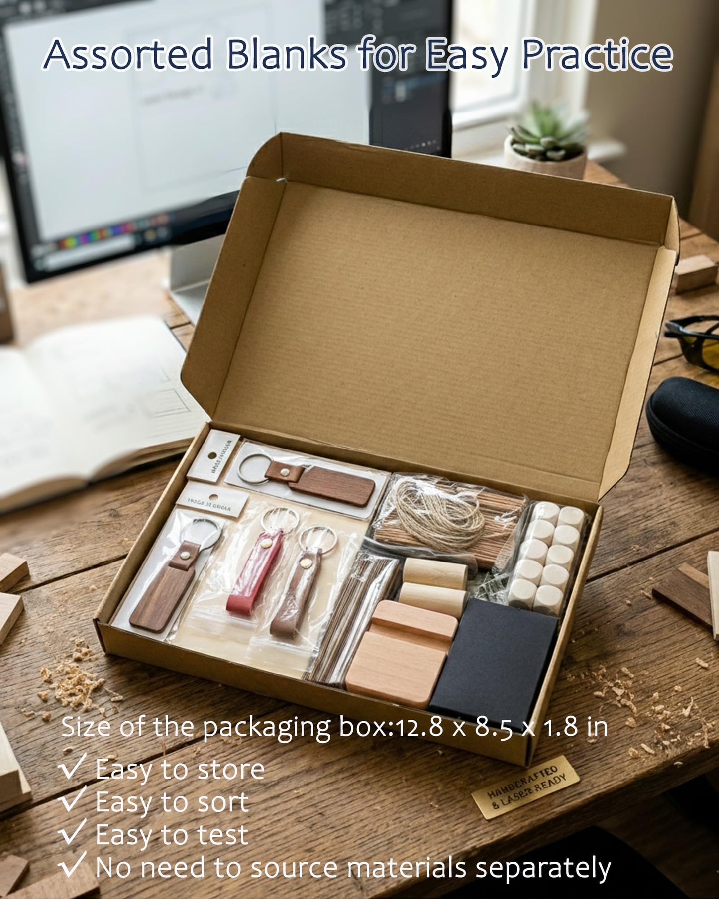 YoSpciaNe Laser Engraving Material Kit, 143 Pcs 19 Types Laser Engraver Blanks and Laser Engraver Supplies for Testing Common Materials, with Wood, Paper, Acrylic, Metal, PU Leather