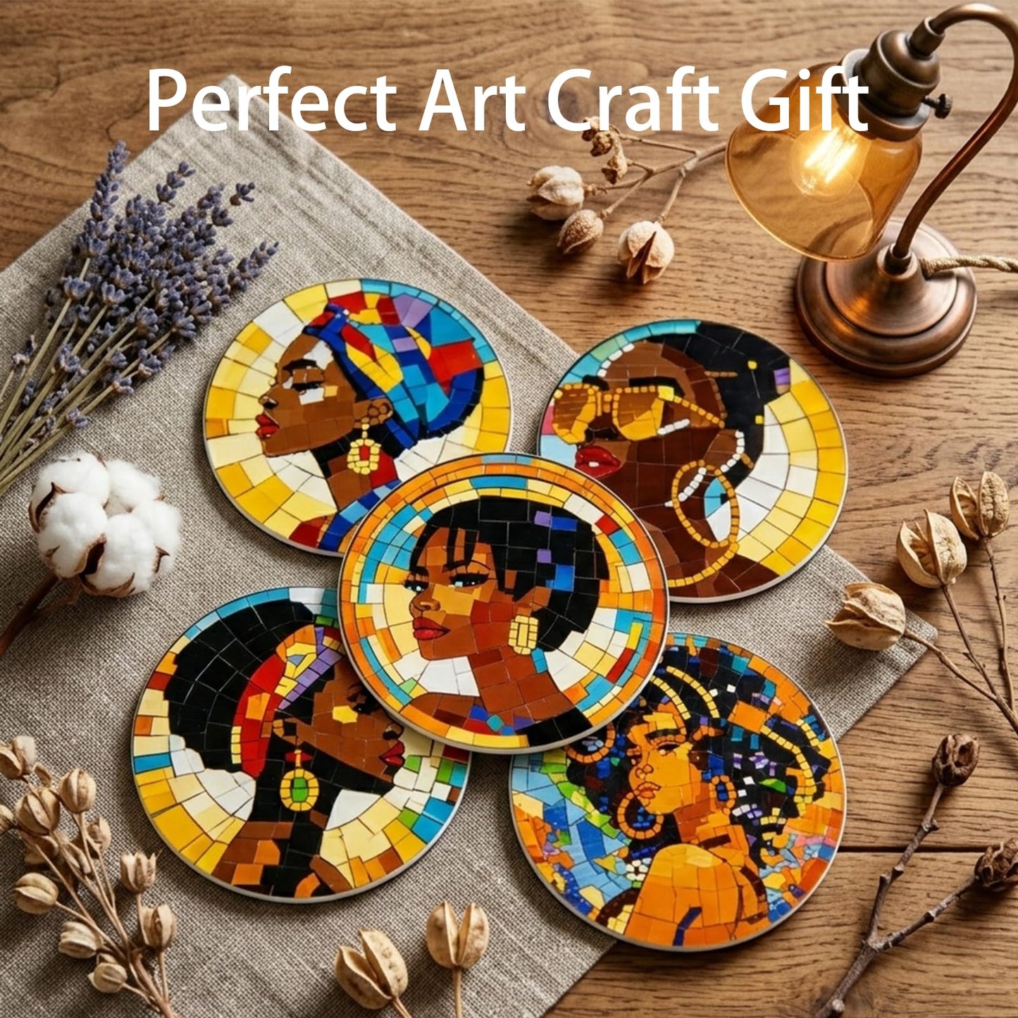 8 PCS Black Girl Diamond Art Coasters Kits for Adults - 4 Inch DIY Diamond Painting Coasters, Artistic African American Women 5D Mandala Crafts for Fun DIY Experience, Beginners, Gift