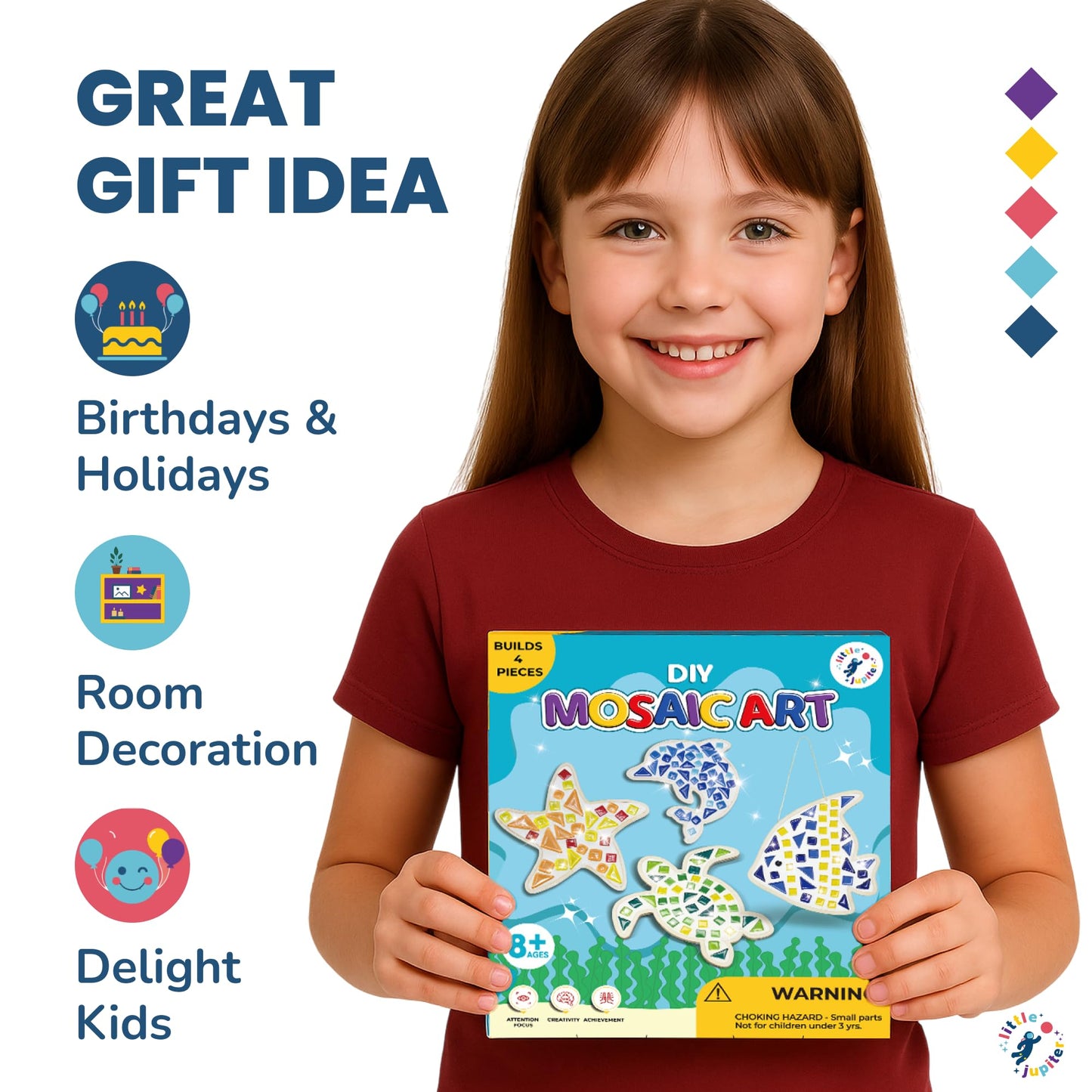 Little Jupiter DIY Mosaic Kit - Builds 4 Different Sea Mosaic Art Pieces - The Perfect Arts and Crafts for Girls and Boys Ages 8-12 - Kids Art Set Activity for Birthdays, Christmas, Holidays, & More