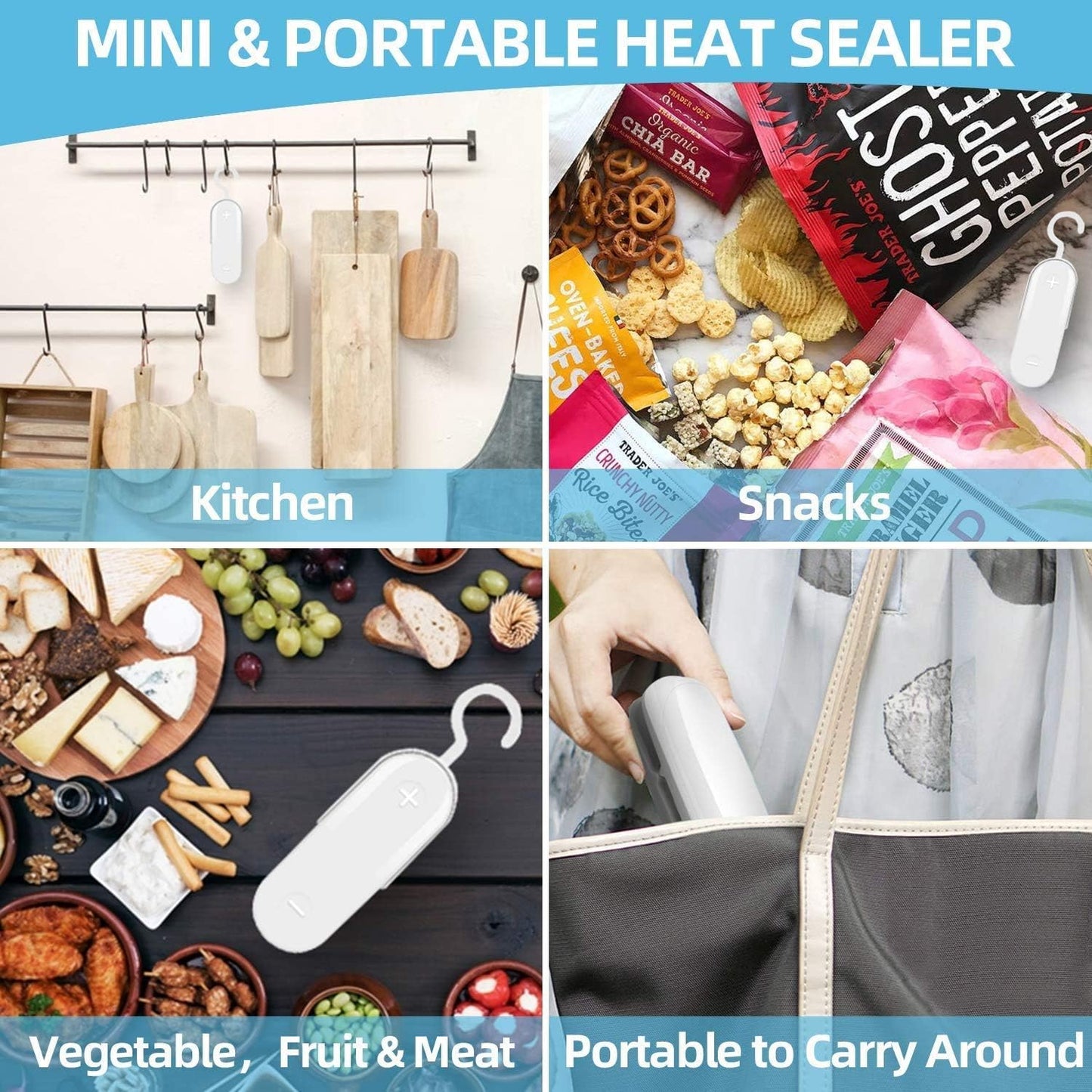 Mini Bag Sealer Heat Seal, 2 in 1 Portable Household Machine with Detachable Hook for Plastic Bags