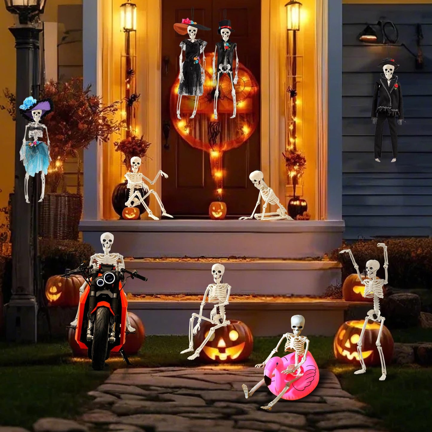Jeowoqao Skeleton Halloween Decorations, 5Pcs 16inch Full Body Posable Joints Small Skeleton Hanging Skeleton Decor for Halloween Indoor Outdoor Graveyard Haunted House
