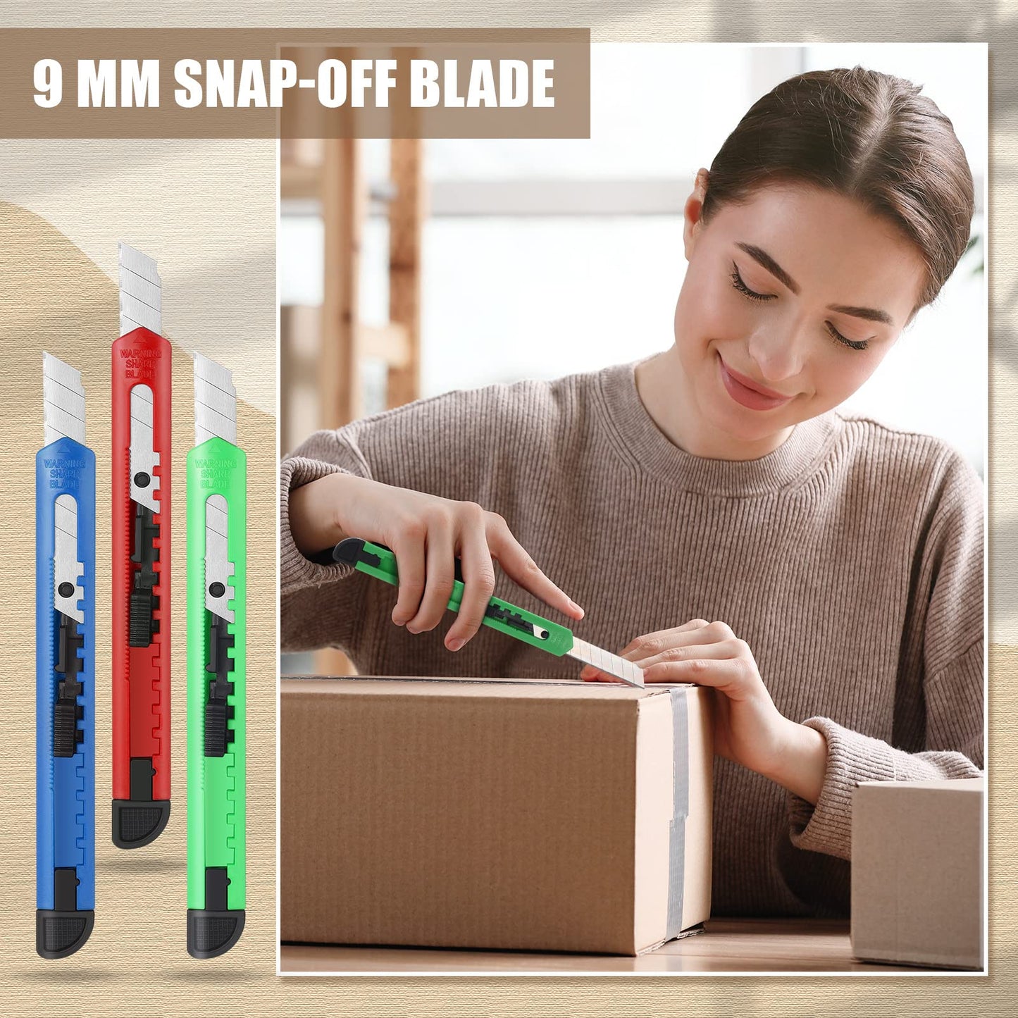 Lasnten 200 Pcs Box Cutter Utility Knife Small Retractable 9mm Wide Snap off Blade Knife Plastic Compact Box Opener with Sliding Lock Tools for Home Office Arts Crafts, 3 Colors