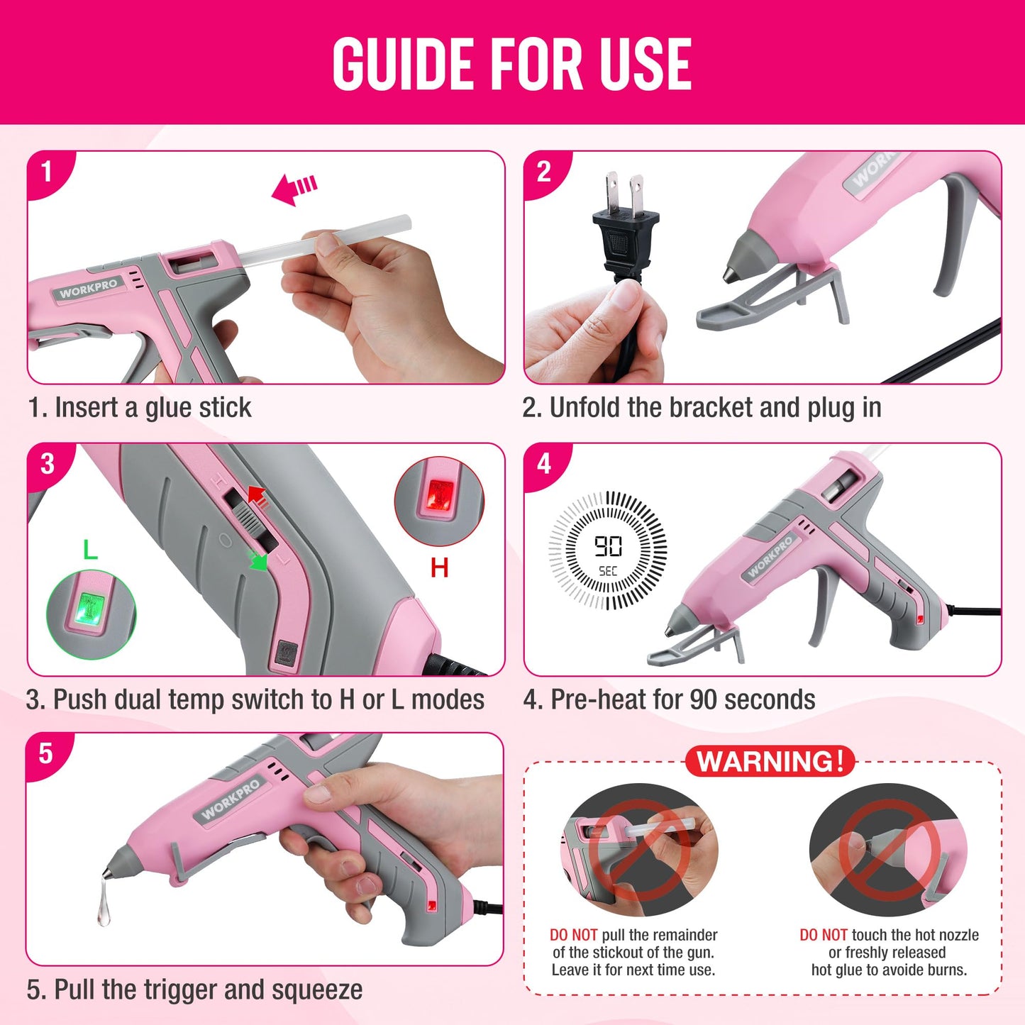 WORKPRO Hot Glue Gun Full Size - 60/100W Dual Temp Glue Gun and Sticks Set with 10 PCS Glue Sticks (7/16") - 90S Fast Preheating Hot Glue Gun for Construction, Crafting, DIY and Repairs - Pink Ribbon