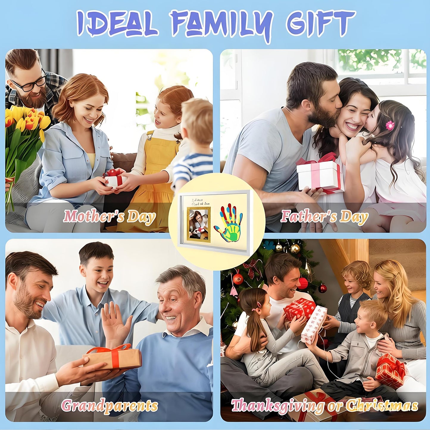 Family Handprint Keepsake Frame Kit with Photo Display – DIY 3D Floating Layered Design for Mom, Dad and Baby – Safe Non-Toxic Paint Set for Footprints – Perfect Baby Shower Gifts, New Parents Couples Keepsake, Home Decor 13.1x9.6 Inch (Black)
