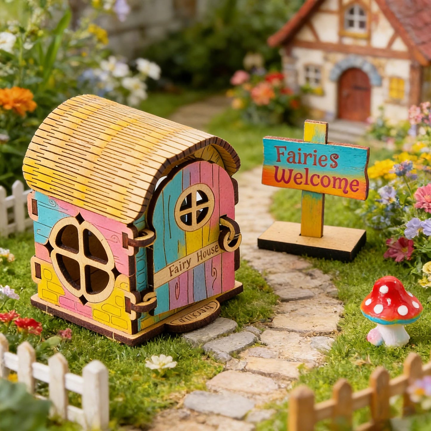 Mamimami Home Tiny Fairy House with Doorplate, DIY Mini Wooden Garden Plant Treehouse, Magical Fairy Doors Handmade Christmas Decorations Gifts
