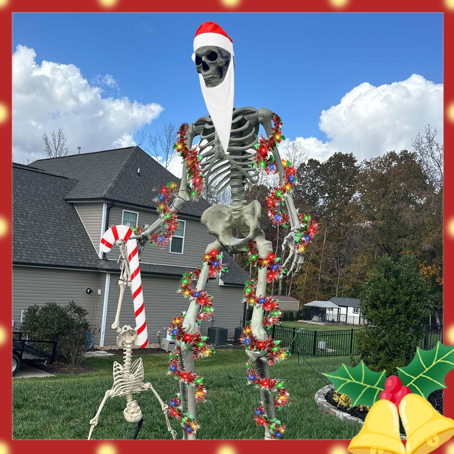 JcHrmers 4 Pcs Christmas 12 ft Skeleton Santa Costume Accessories Including Giant Santa Hat Top Long Beard Inflatable Candy Cane 16.4FT Christmas Tinsel Garland for Xtmas Outdoor Decor