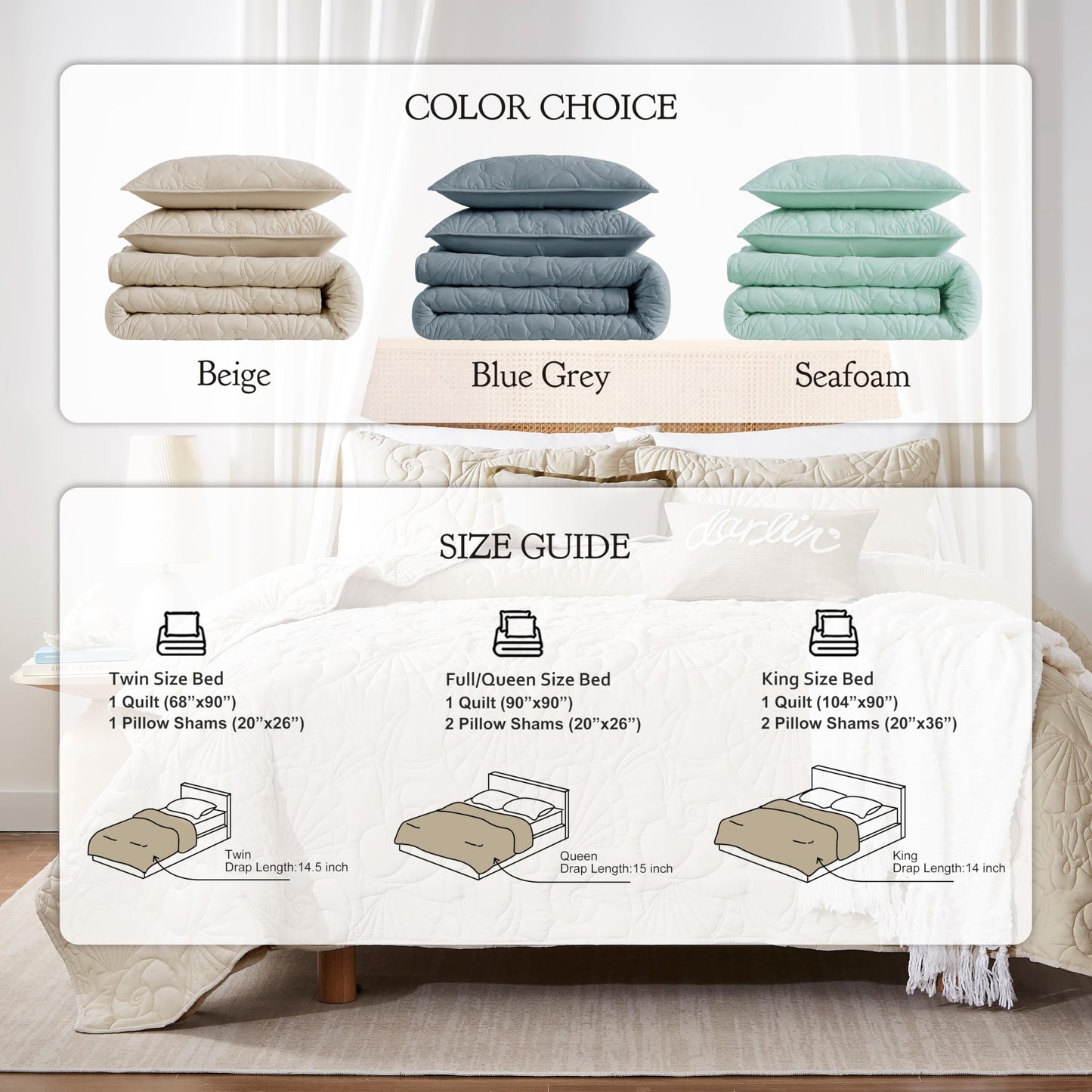 WDCOZY Coastal Beach Queen Size Quilt Bedding Sets, Seafoam Green Nautical Tropical Ocean Bedspread, Scallop Seashell Soft Coverlet, Lightweight Summer Thin Comforter for All Season