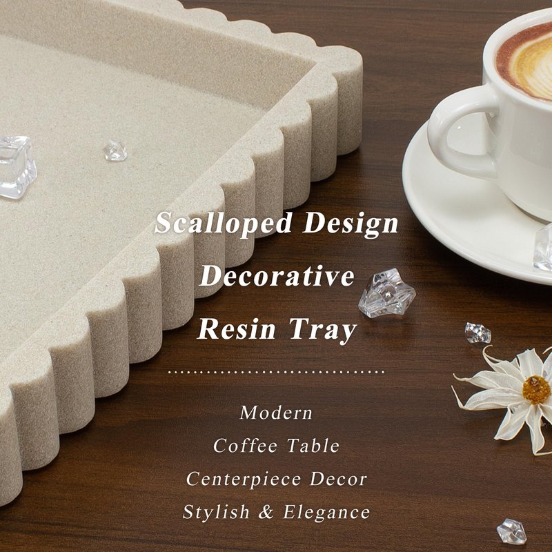 YMXYJM-Scalloped Coffee Table Tray,Ottoman Tray for Modern Home Decor. 14" Decorative Tray for Entryway Table Decor, Living Room Table Decor, Coffee Table Centerpiece - Beige Resin