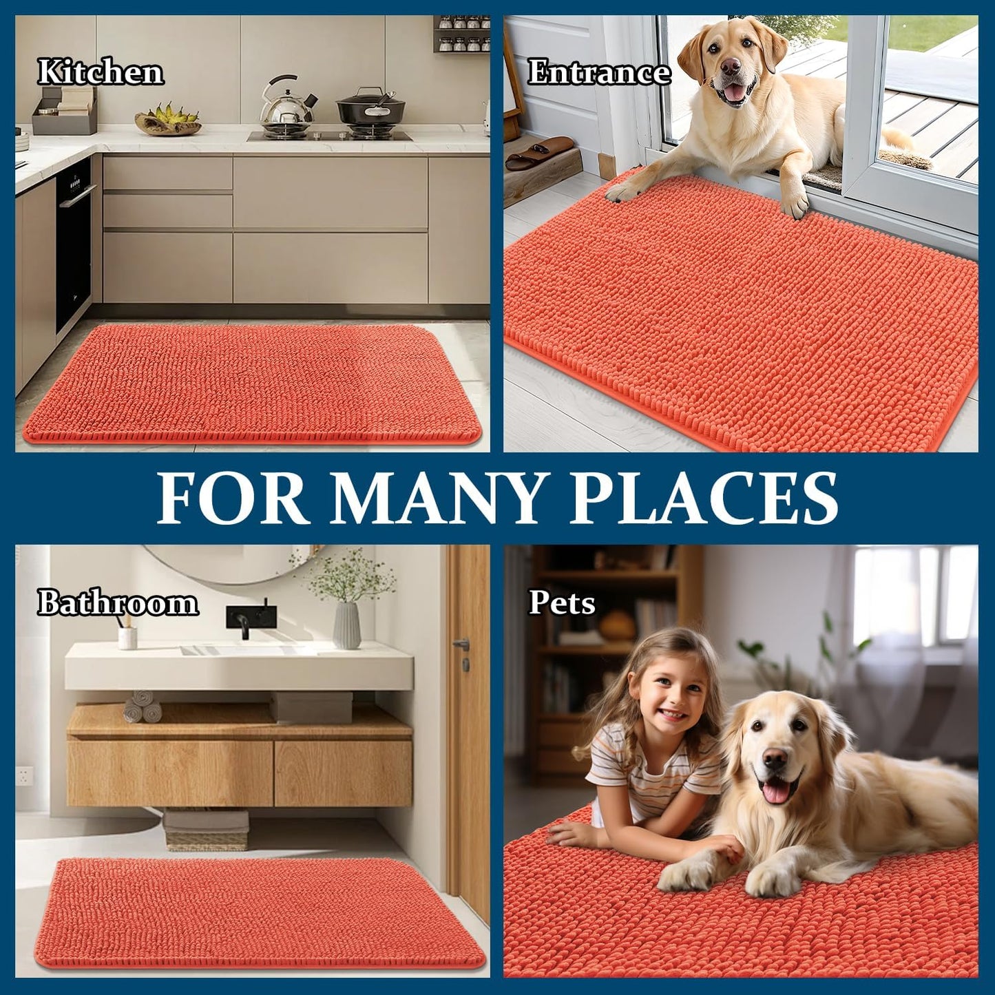 OLANLY Dog Door Mat - Absorbent Non-Slip Washable Chenille Mat for Muddy Paws | 40x24 Coral