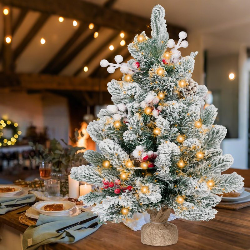 RIDGEPOLE 2FT Pre-lit Mini Christmas Snow Flocked Tree,Tabletop Artificial Christmas Tree with LED Lights, Small Xmas Pine Tree with Cloth Bag Base for Christmas Decor,12 PCS Berry & 8 Pinecones