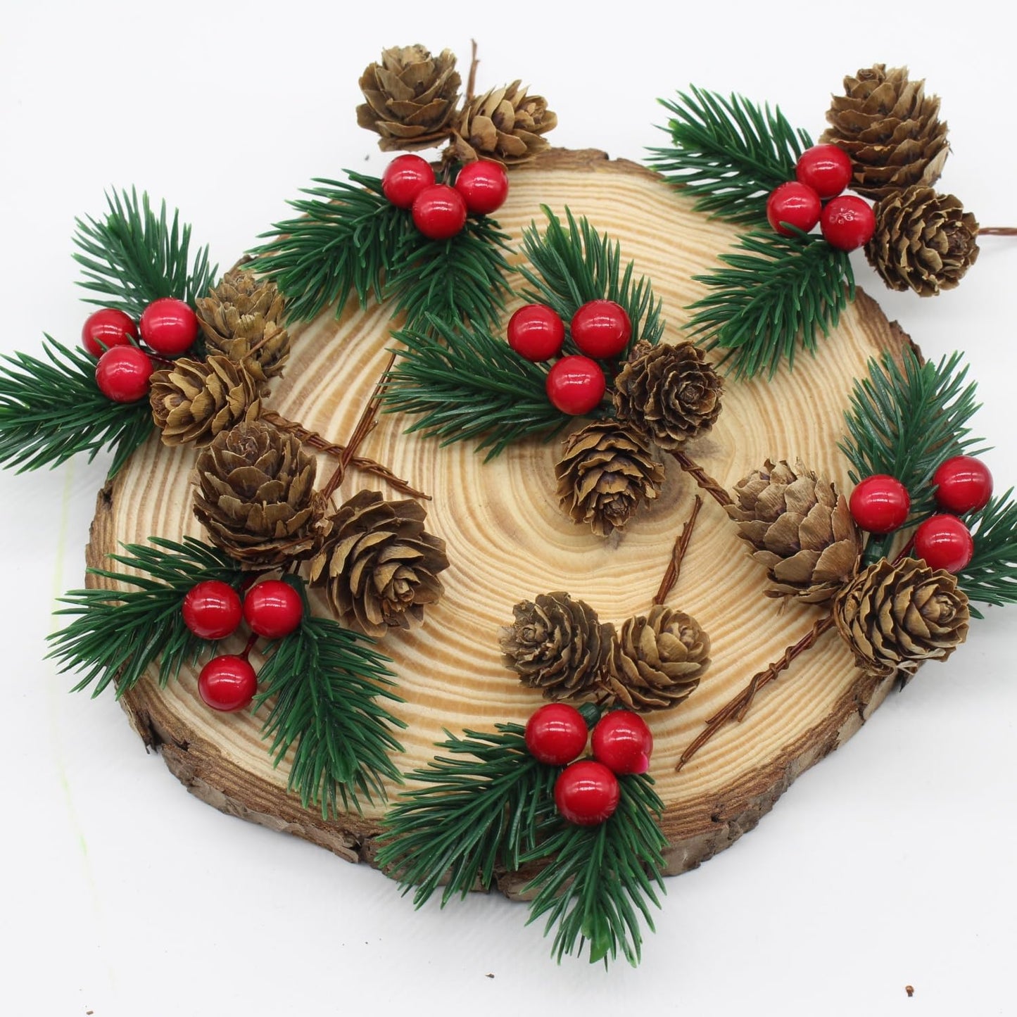 YGbridge Christmas Floral Picks, 30Pcs Pine Cone Holly Berry Stems for Crafts, Artificial Christmas Picks and Sprays, Red Berry Branches Greenery for Christmas Home Decor, Garland, Wreath (30)