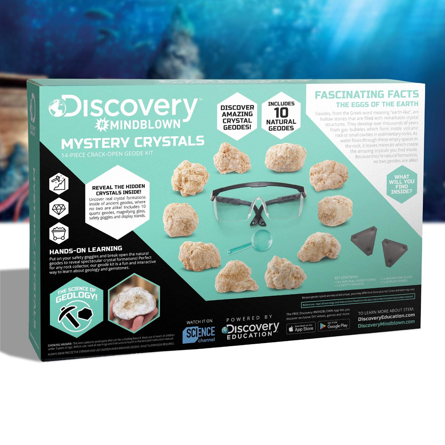Discovery™ Mystery Crystal Geode Kit – Crack Open 10 Real Quartz Geodes| Includes Goggles, Magnifying Glass & Display Stands| Educational STEM Geology Toy for Kids| Science Activity Set Gift| Ages 6+