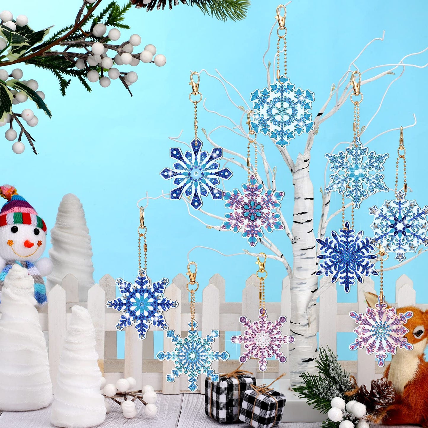 Ferraycle 12 Pcs Diamond Painting Keychain Kit Winter Diamond Art Keychain Ornaments 5d DIY Snowflake Diamonds Painting Key Rings for Adults Art Pedants Decor