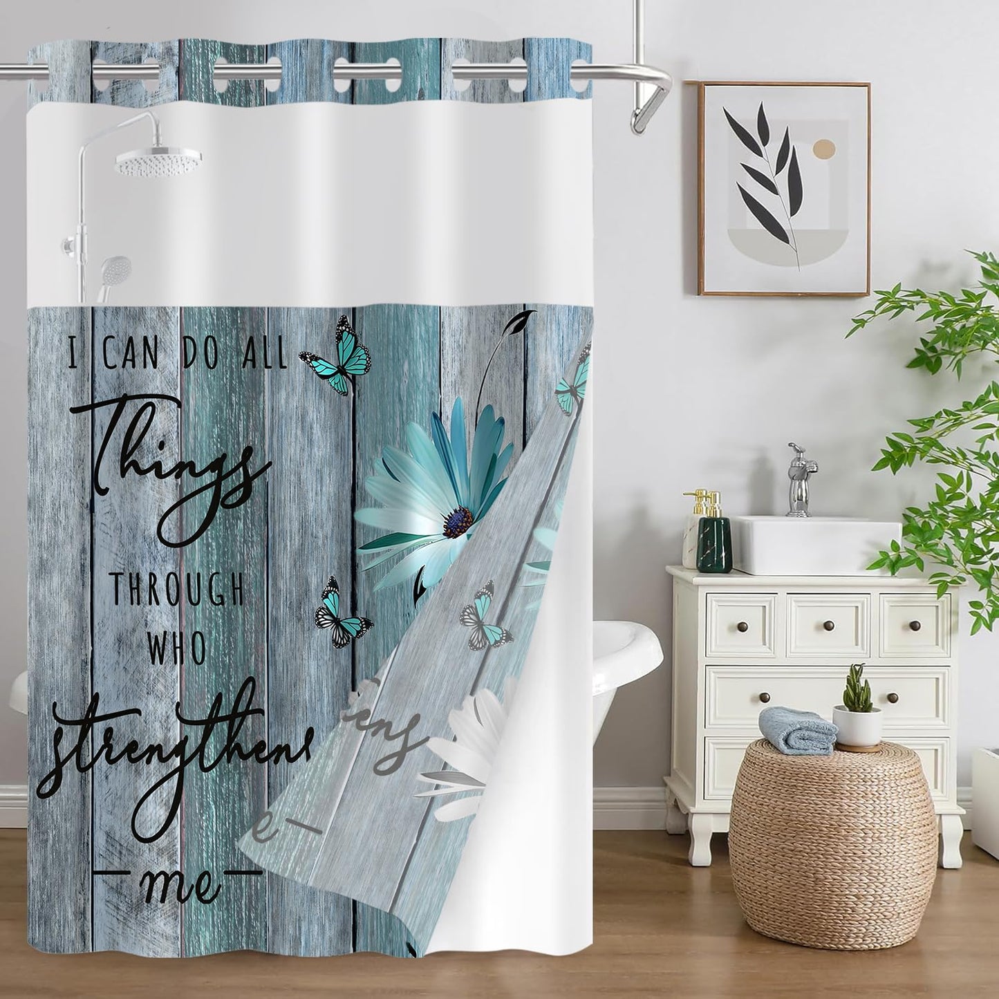 AZHM No Hooks Shower Curtain with Snap in Liner Rustic Teal Daisy Flower Inspirational Quotes Curtain for Bathroom Decor See Through Top Window Double Layers, 71x74 inches