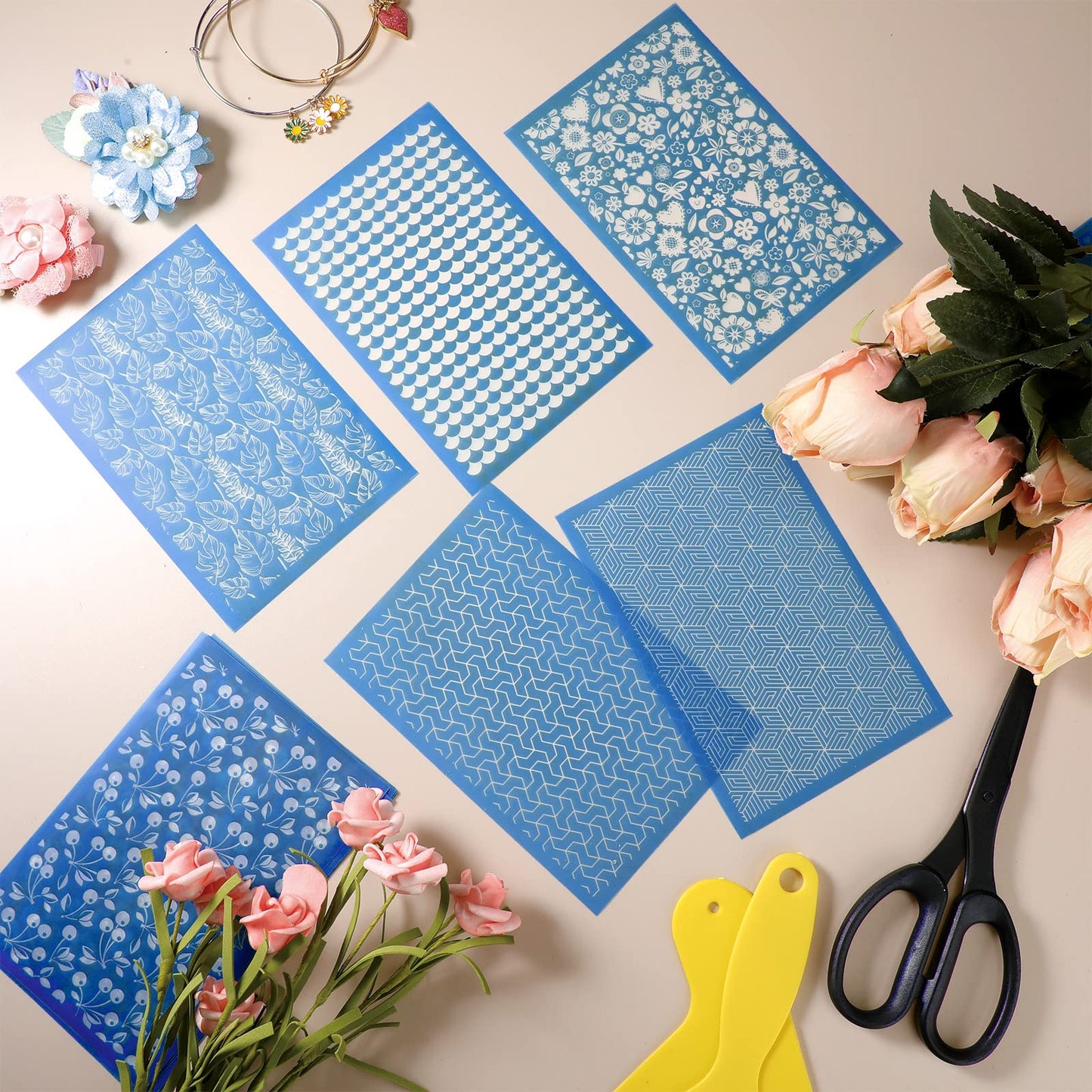 Jutom 24 Pieces Silk Screen Stencils for Polymer Clay Cutter Tools Reusable Silkscreen Print Kit DIY Craft Earring Jewelry Making Supplies Screen Stencils Reusable with 2 Squeegees, 3.9 x 6''
